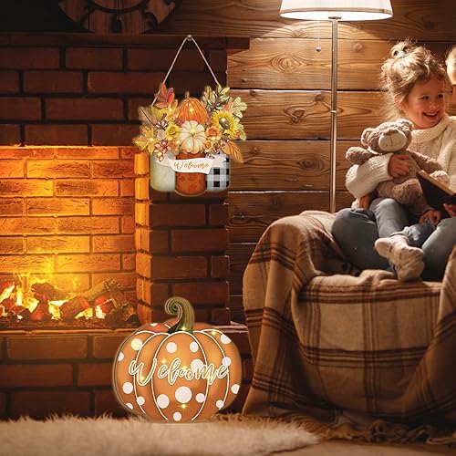 Miniatura 6 de Amyhill 2 letreros iluminados de bienvenida de otoño para puerta delantera, LED, madera, calabaza, hoja de arce, decoración para colgar en Acción de