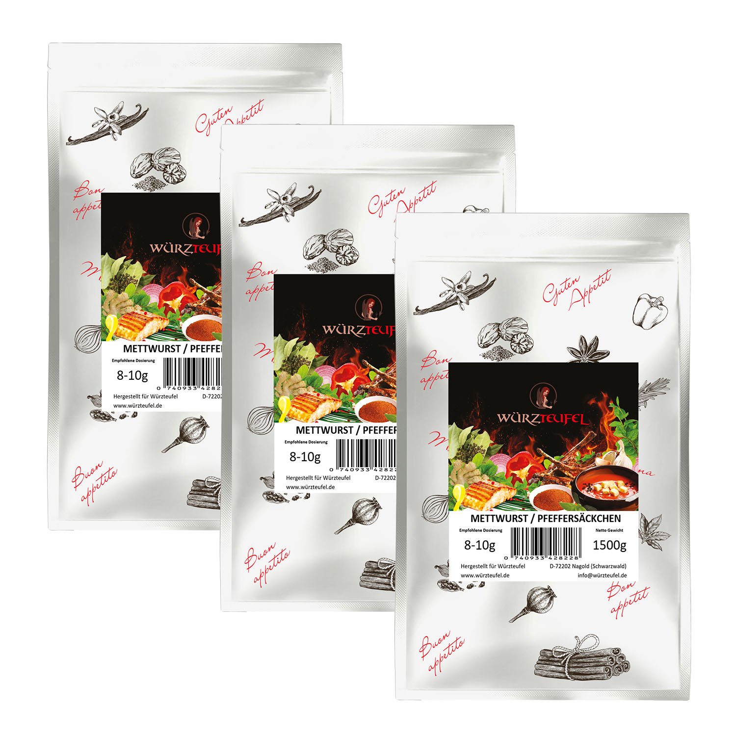 Grobe Mettwurst - Gewürz, Pfeffersäckchen grobe Teewurst Braunschweiger Gewürzzubereitung ohne Zusatzstoffe. 3 Beutel:je 1500g. (4,5KG)