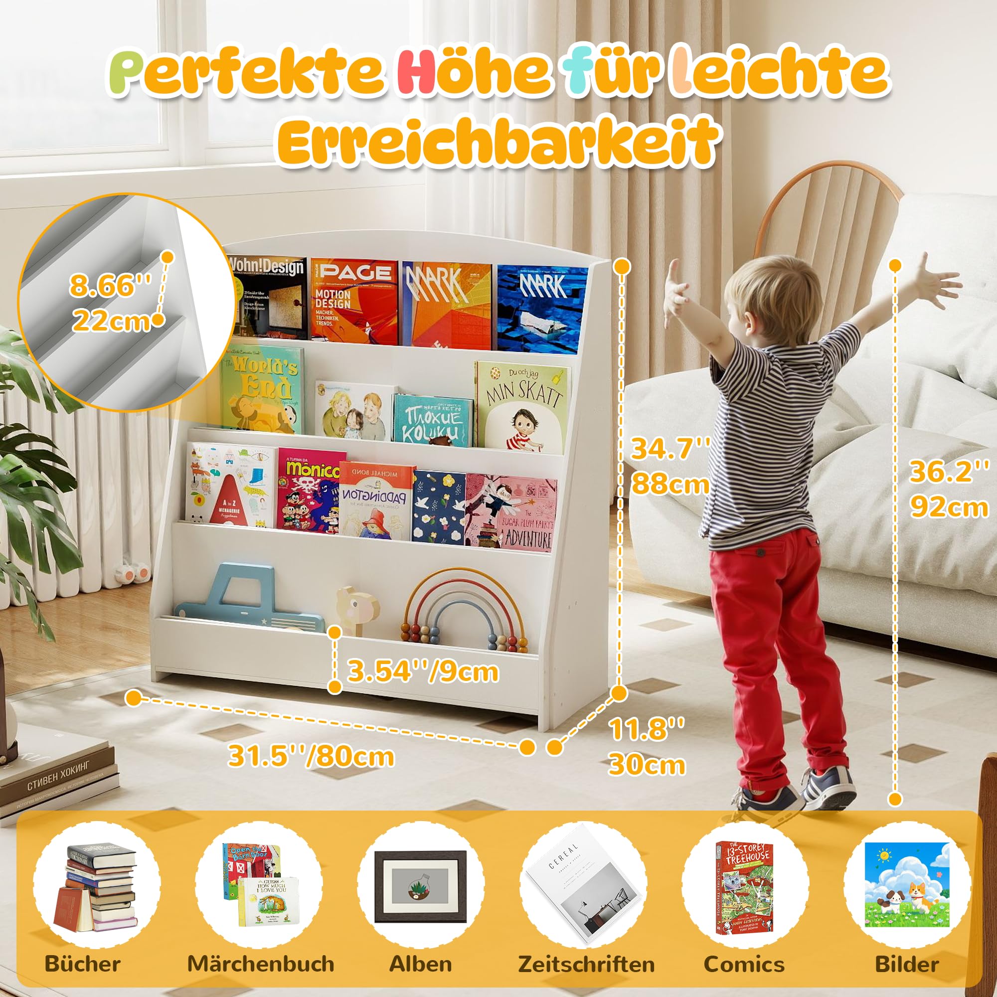 4-stöckiges Kinderbücherregal aus Holz mit 4 Einlegeböden, bücherregal Kinder für Kinderzimmer Kindergärten, 80 × 30 × 88 cm, Natur