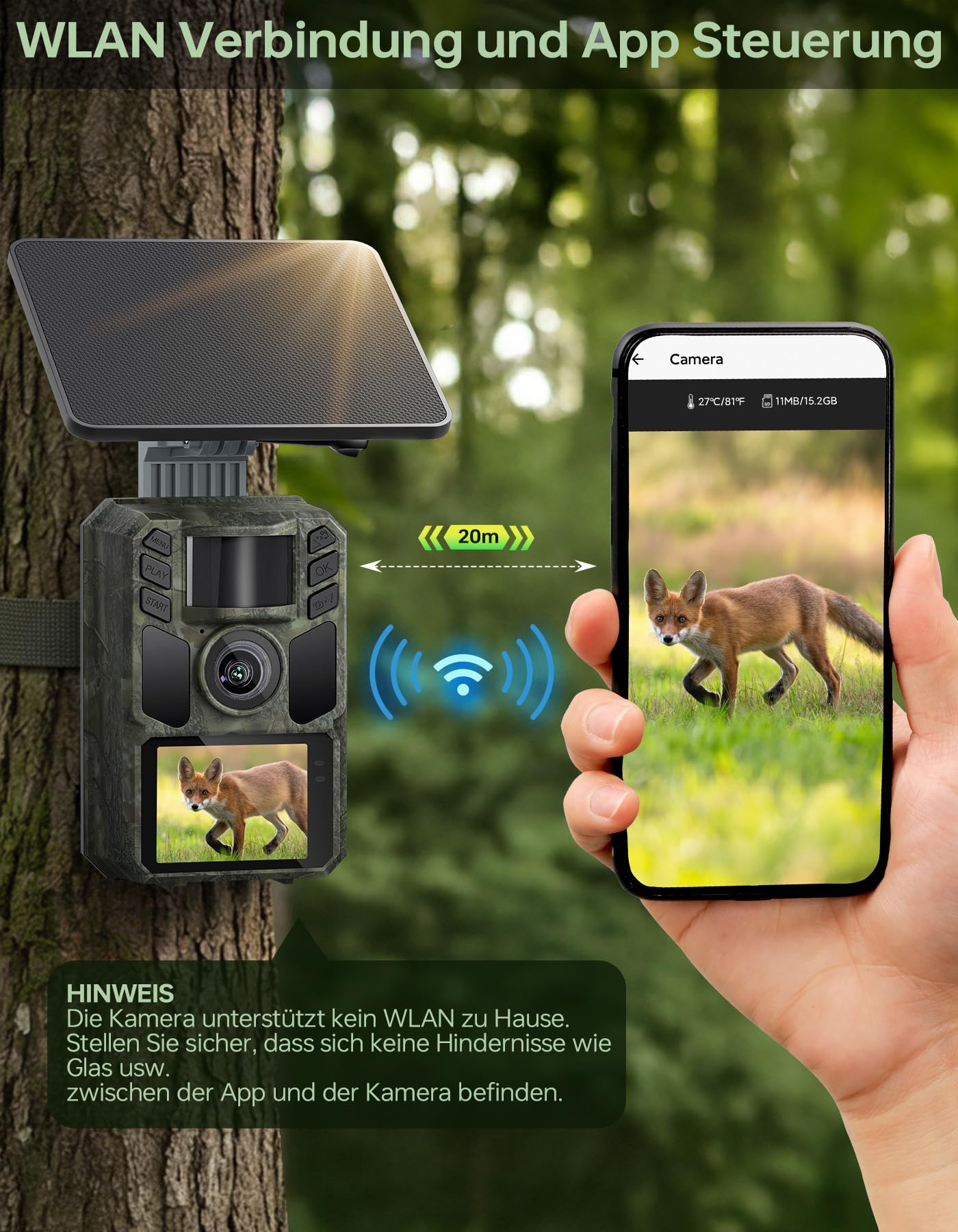 Wildkamera mit Handyübertragung App,Wildtierkamera 4K 64MP WLAN Solar mit Lithium-Batterie, Bewegungsmelder Nachtsicht, Inklusive 64GB SD Karte, 0,1s Auslösezeit, IP67 Wasserdicht