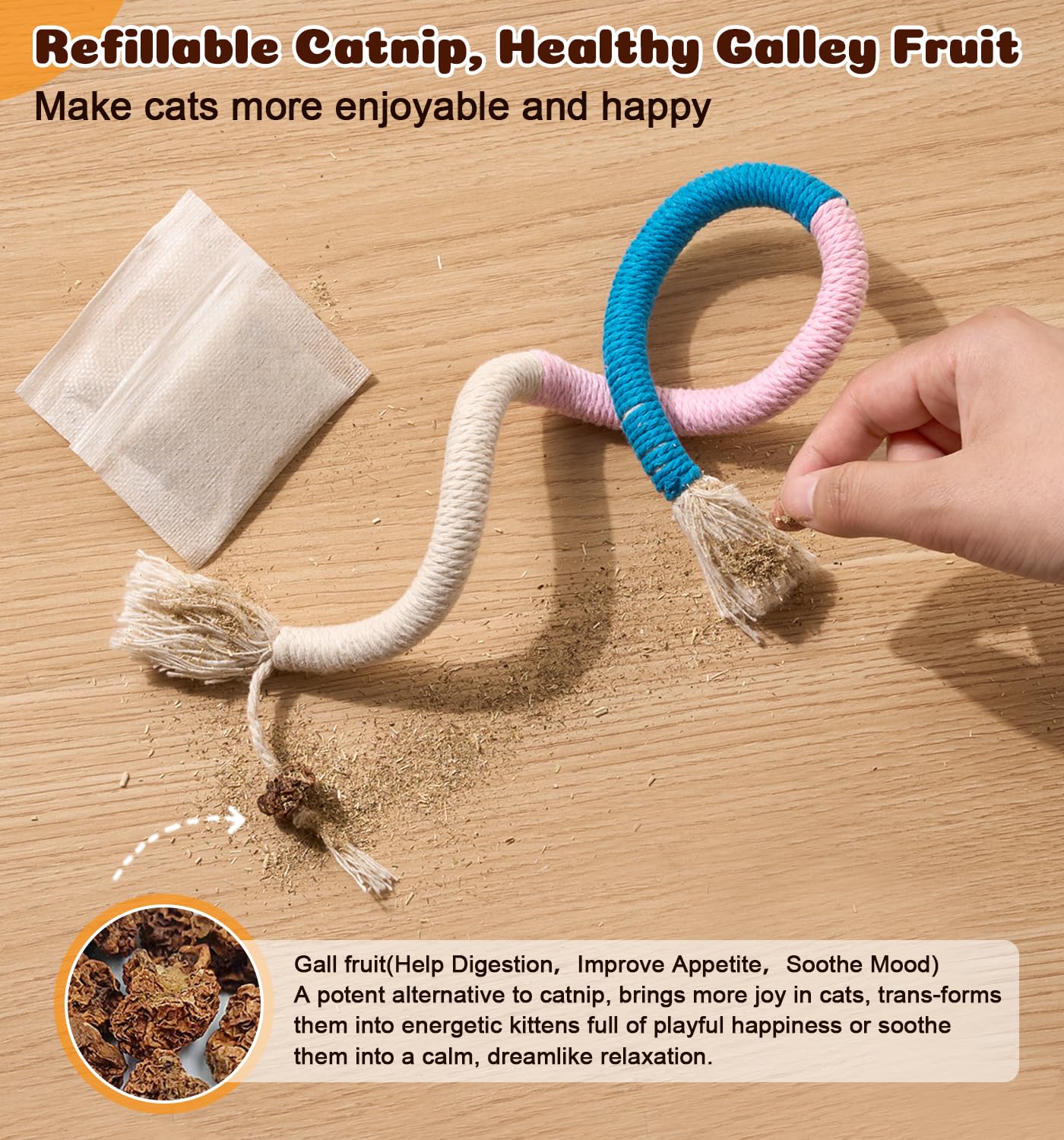 Cuerdas masticables para gatos, 4 piezas, juguetes para gatos de interior con hierba gatera natural recargable, juguetes masticables de limpieza segura de dientes, juguetes interactivos para