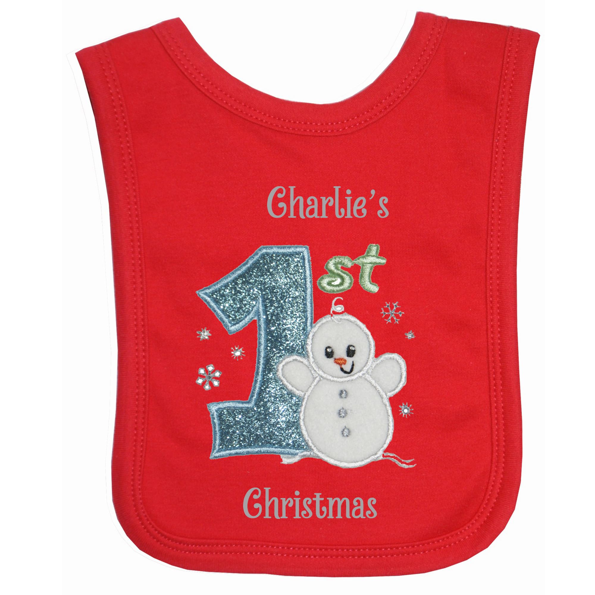 Oh Sew Simple Boys Baby Snowman Personalised 1st Christmas Bib - Embroidered with the name of your choice (11 Letters Max) (Red Bib)