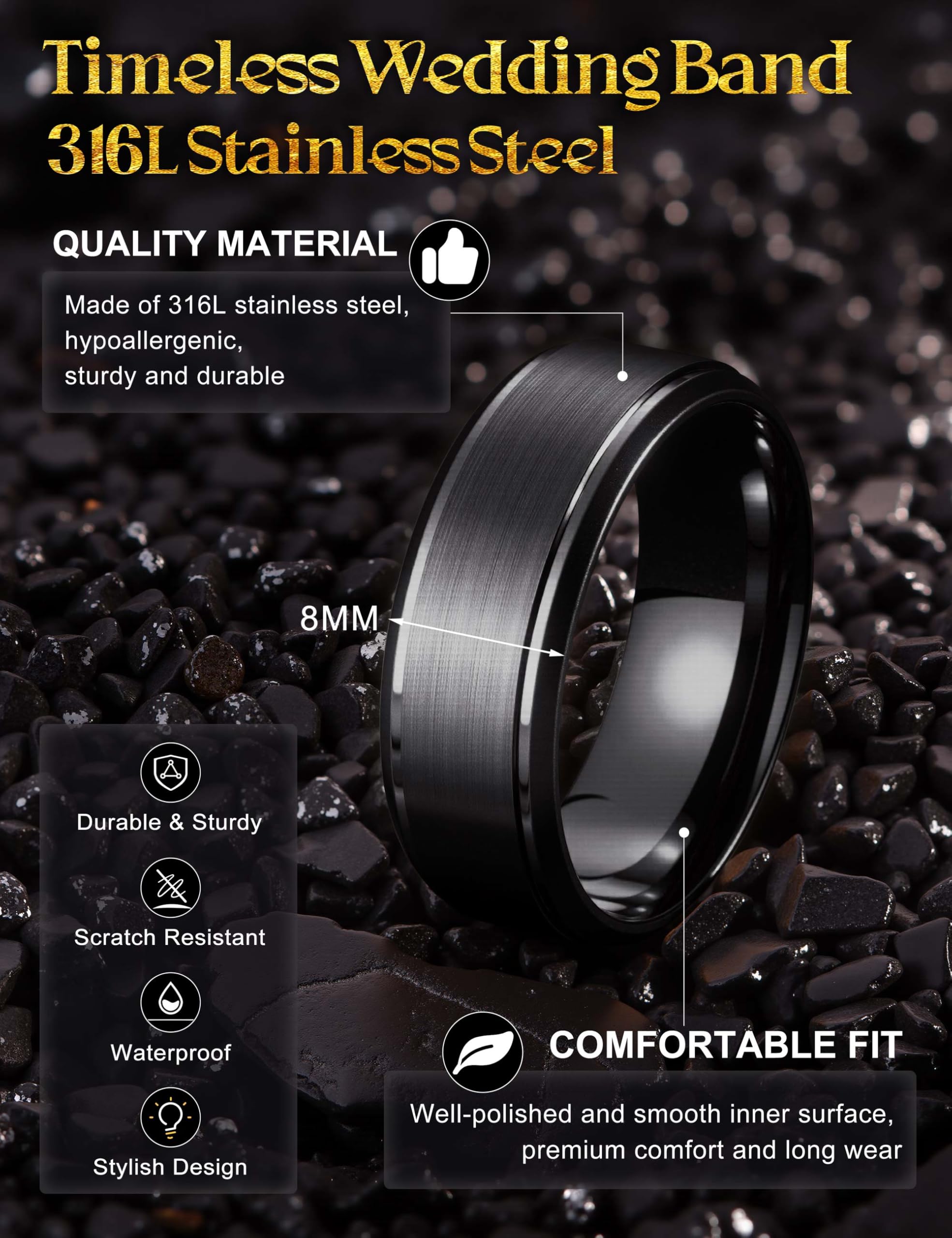 Jstyle Stainless Steel Wedding Rings for Men Women 8MM Mens Wedding Band Silver/Black/Gold Engagement Mens Rings, Matte Surface Polished Edge Men Ring Jewelry Comfort Fit 6-14