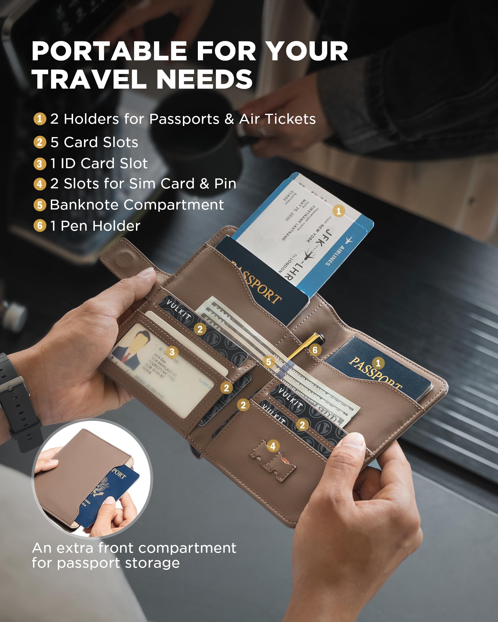 VULKIT Etui na paszport, portfel podróżny dla mężczyzn i kobiet, blokowanie RFID, rodzinny uchwyt na paszport z etykietą bagażową, niezbędne rzeczy podróżne, organizer na dokumenty, bilety, karty