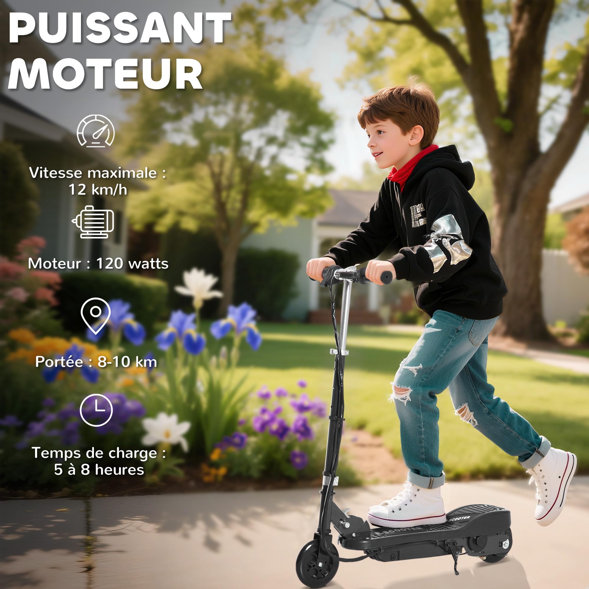 HOMCOM Trottinette électrique pour Enfants 7-14 Ans Pliable Noir | Hauteur Réglable, Batterie Rechargeable 24V, Vitesse Jusqu'à 12 km/h, Charge de Freinage 50 kg, 74x36x69-91 cm
