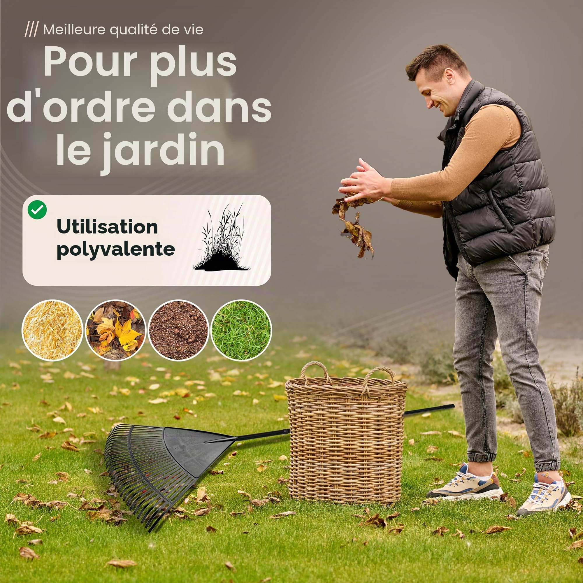 Novatool Balai à feuilles avec manche à 4 pièces et à visser, balayeur avec 30 dents en plastique, râteau largeur de travail 75 cm