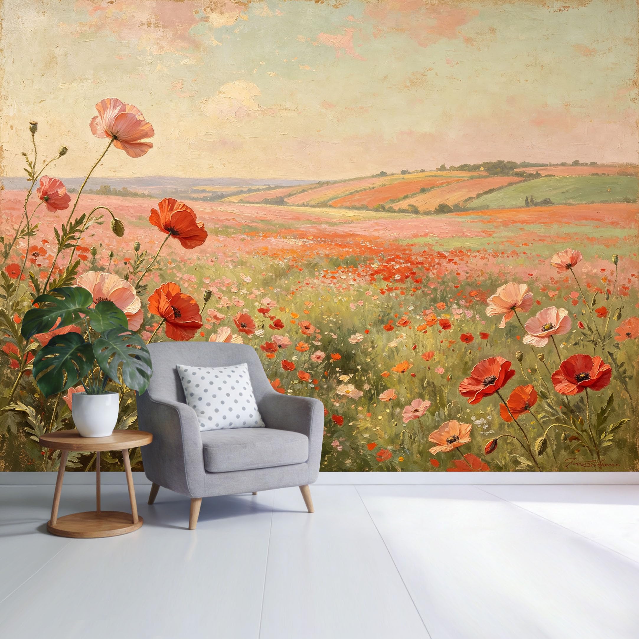 Custom Size Wall Mural Blooming Red Poppy Field Landscape Oil Painting Style SelfAdhesive Wall Fabric Removable Wallpaper for Home Office Decor