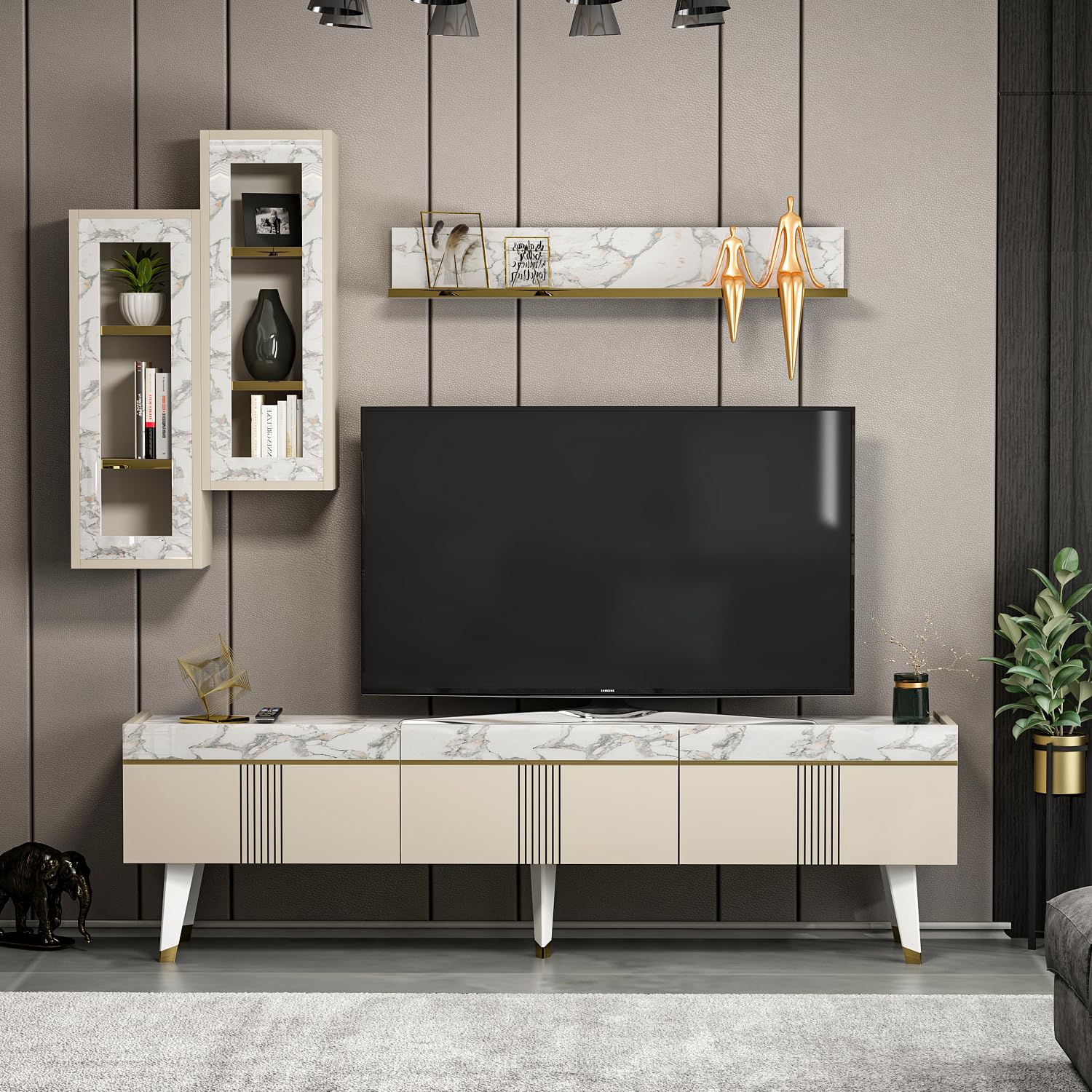 Homidea Karya - Mobile TV da soggiorno, con 3 ante dal design moderno (Beige/Marmo)
