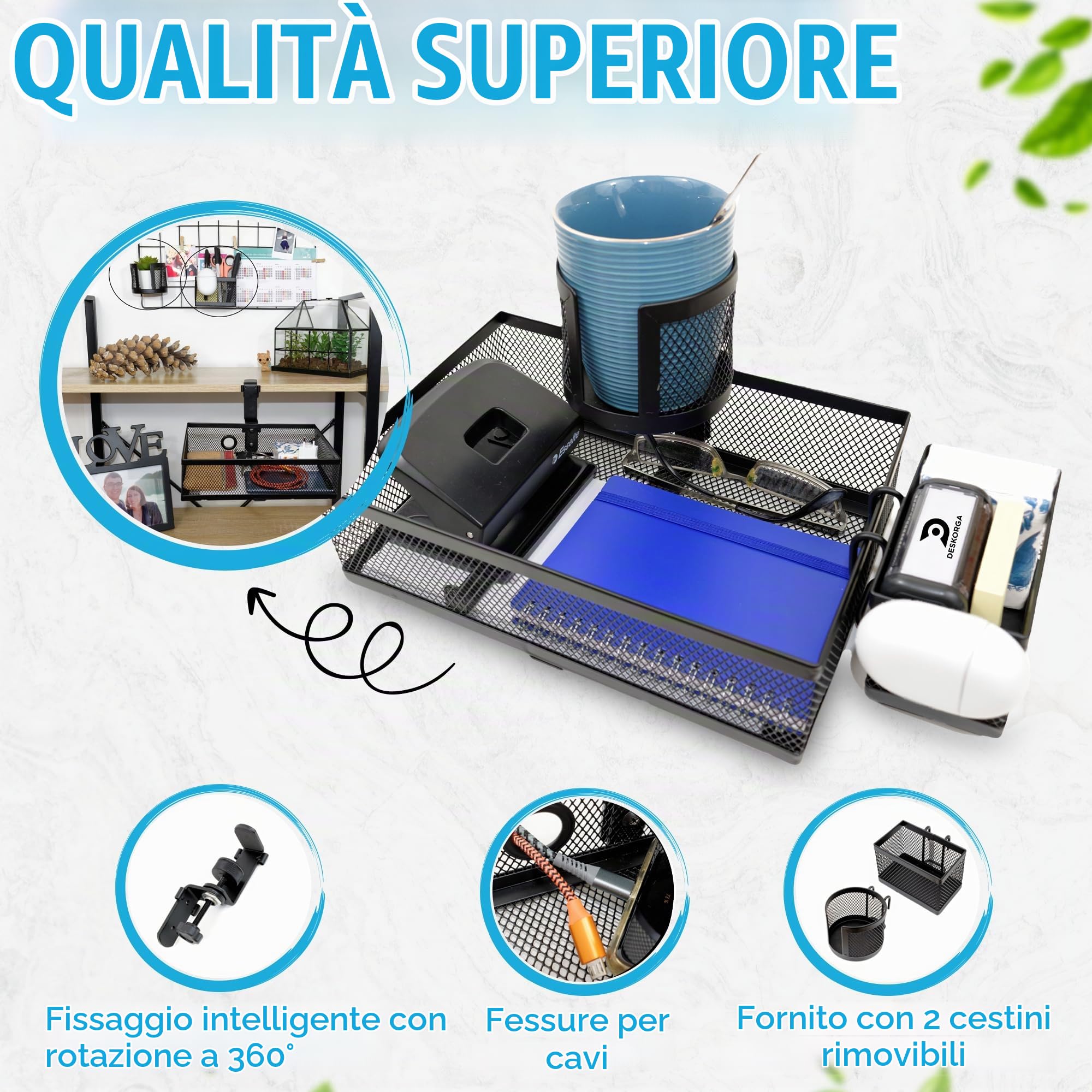 Organizer da scrivania con rotazione a 360 gradi, con supporto per telefono e tazza (340 x 250 x 70 mm)