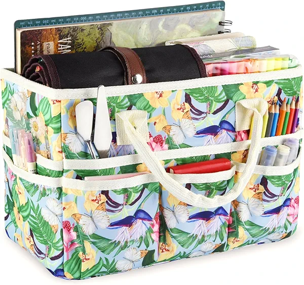 qianshan Craft Organizer Tote Bag with Multiple Pockets, Large Art Storage Caddy with Handles for Art, Craft, Sewing, Make-up，Scrapbooking, Medical, and Office Supplies Storage.Flower Clusters