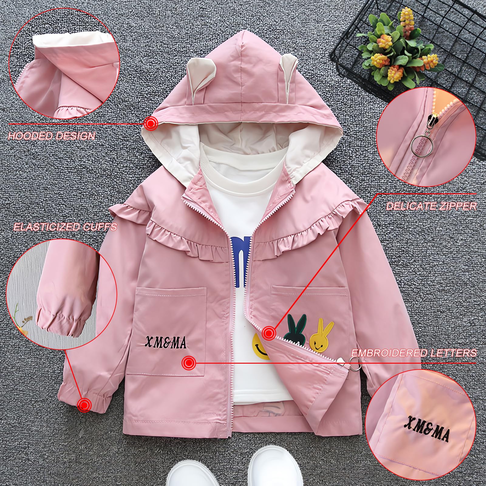 Veste Enfant Fille Manteau Coupe-vent Blouson à Capuche Trench-coat Bébé Respirant pour Printemps Automne