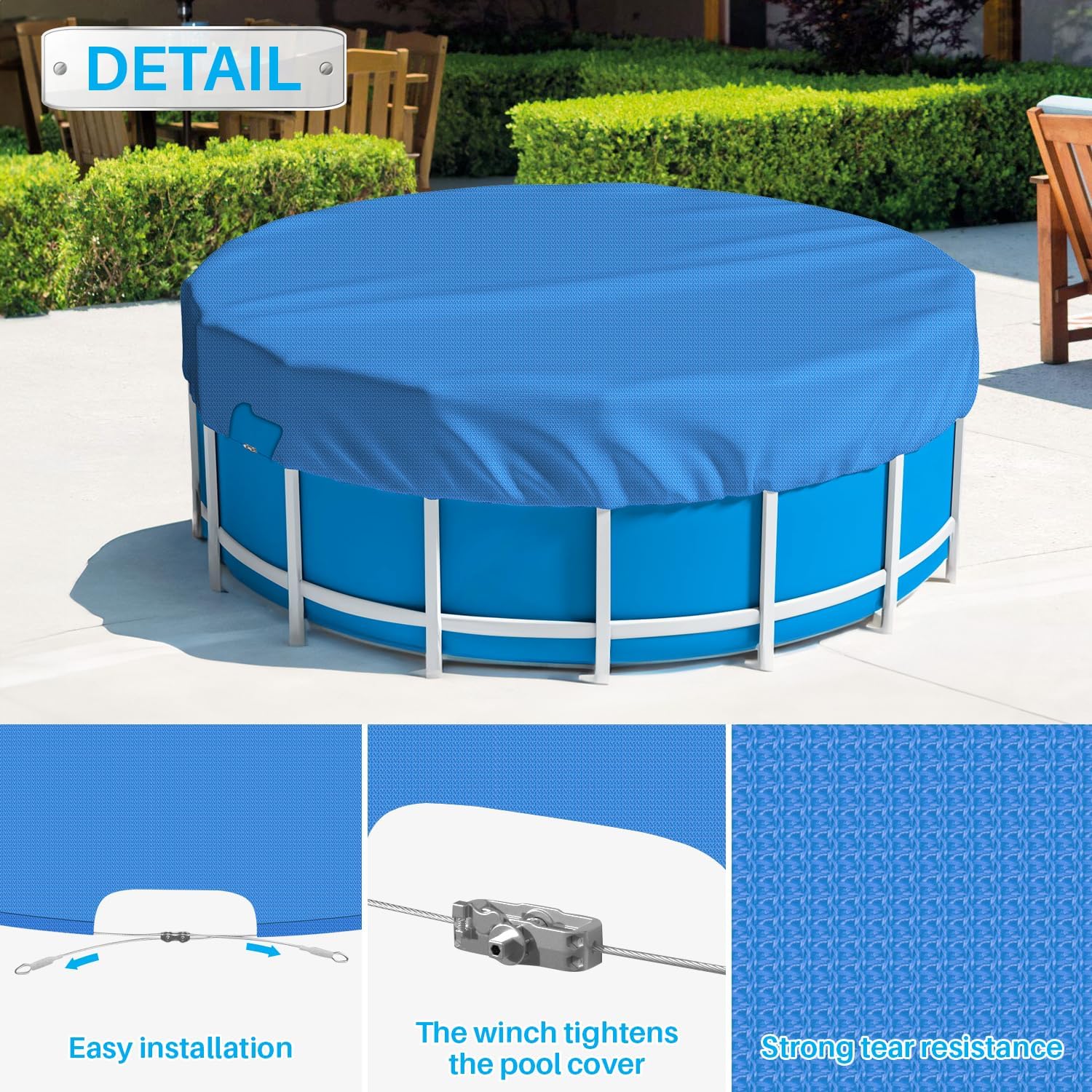 Patio Round Pool Covers for 22' Above Ground Pools, 26ft Winter Pool Safety Cover, Heavy Duty Tarp with Wire Rope Edging Winch, UV-Resistant, Blue