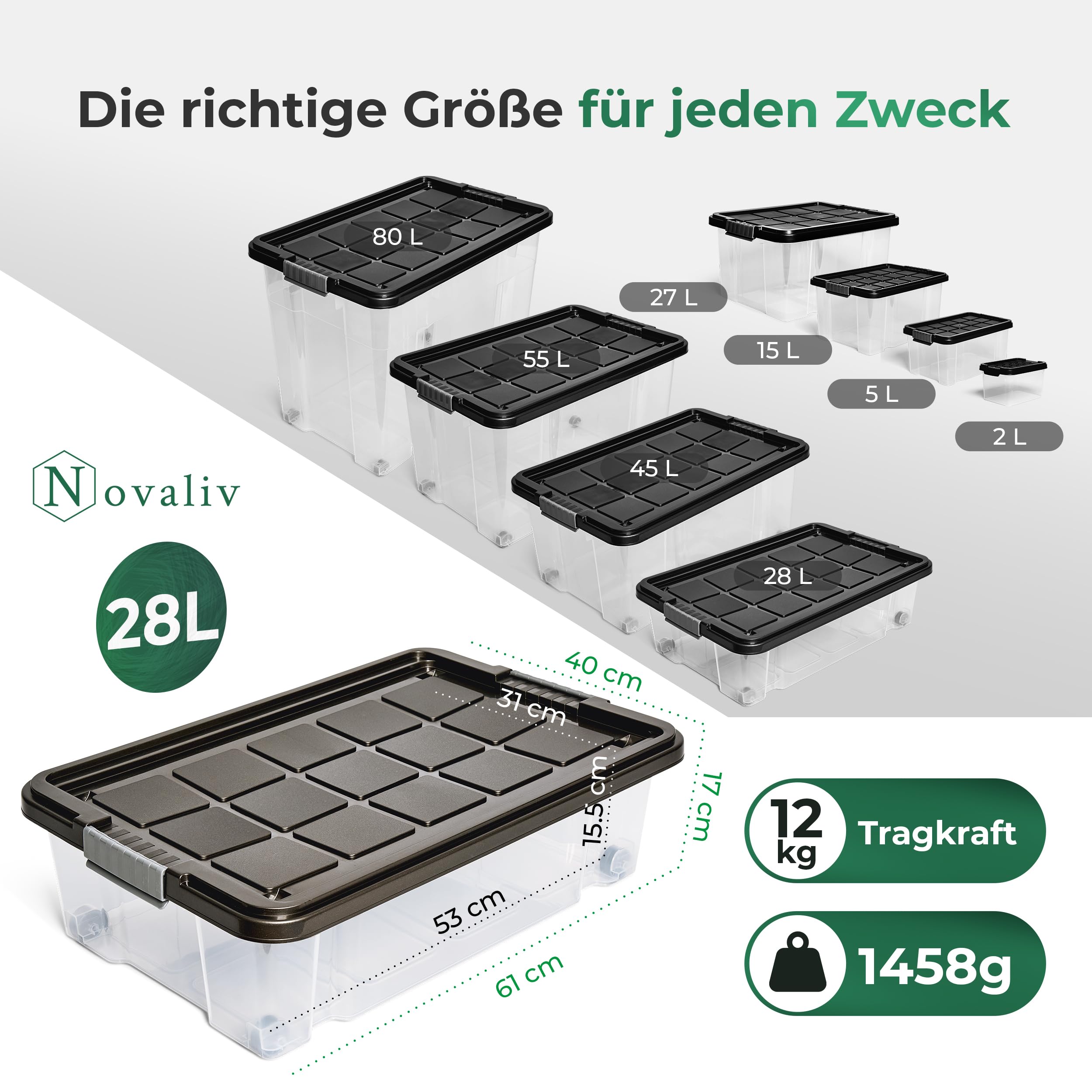 Novaliv 3x Unterbettkommode mit Rollen 28L Aufbewahrungsbox Deckel Anthrazit Nestbar stapelbare mit Clipverschluss Rollkiste BPA-frei 61x40x17 cm