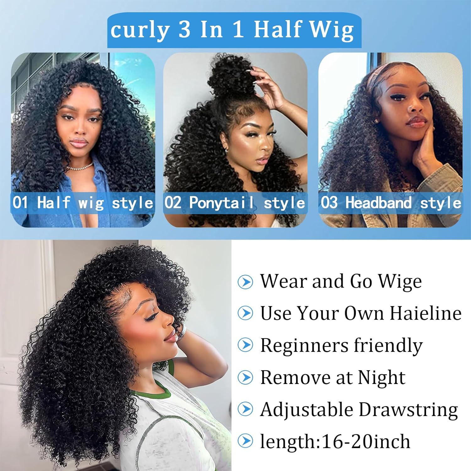 Half Wig Human Hair Kinky Curly Glueless 20 Inch 200 Density 3 In 1 Wigs Human Hair Beginner Friendly Headband Wig Curly Drawstring Seamless Flip Over Clip in Wigs for Women