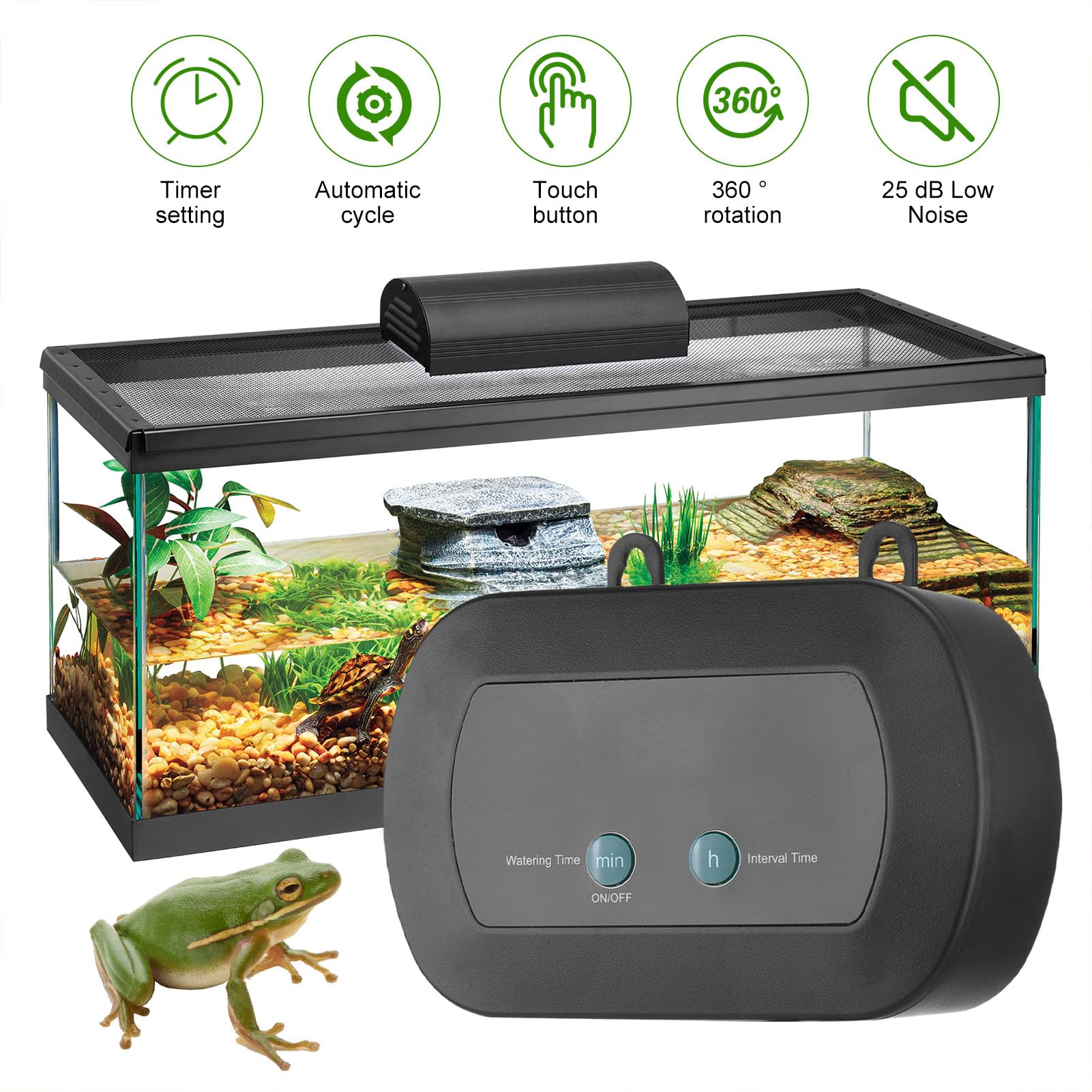 Dpofirs Smart Automatic Misting System mit Timer, 360 Grad Rotierende Düsen für Reptilienterrarien, Pflanzenbefeuchter für Chamäleons, Frösche, Schlangen, Schildkröten