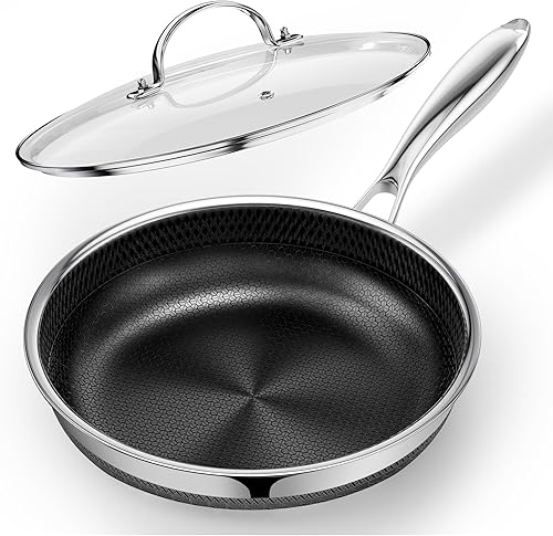 Miniatura 9 de Sartén antiadherente con tapa, sartén híbrida de acero inoxidable de tres capas de 10 pulgadas, sartén antiadherente de cerámica de titanio, sin