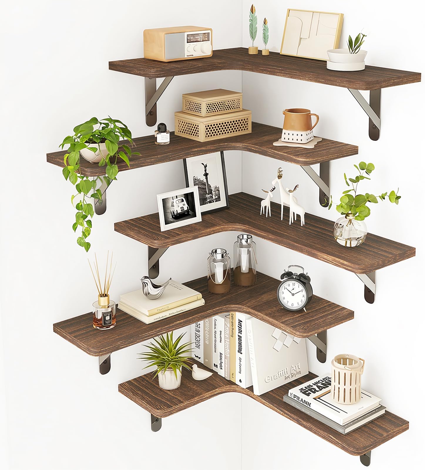 Fixwal Corner Floating Shelves for Wall Set of 5, Rustic Wood Wall Mounted Shelf for Bathroom, Kitchen, Bedroom, Home Decor, Laundry Room, Living Room (Dark Carbonized Black)