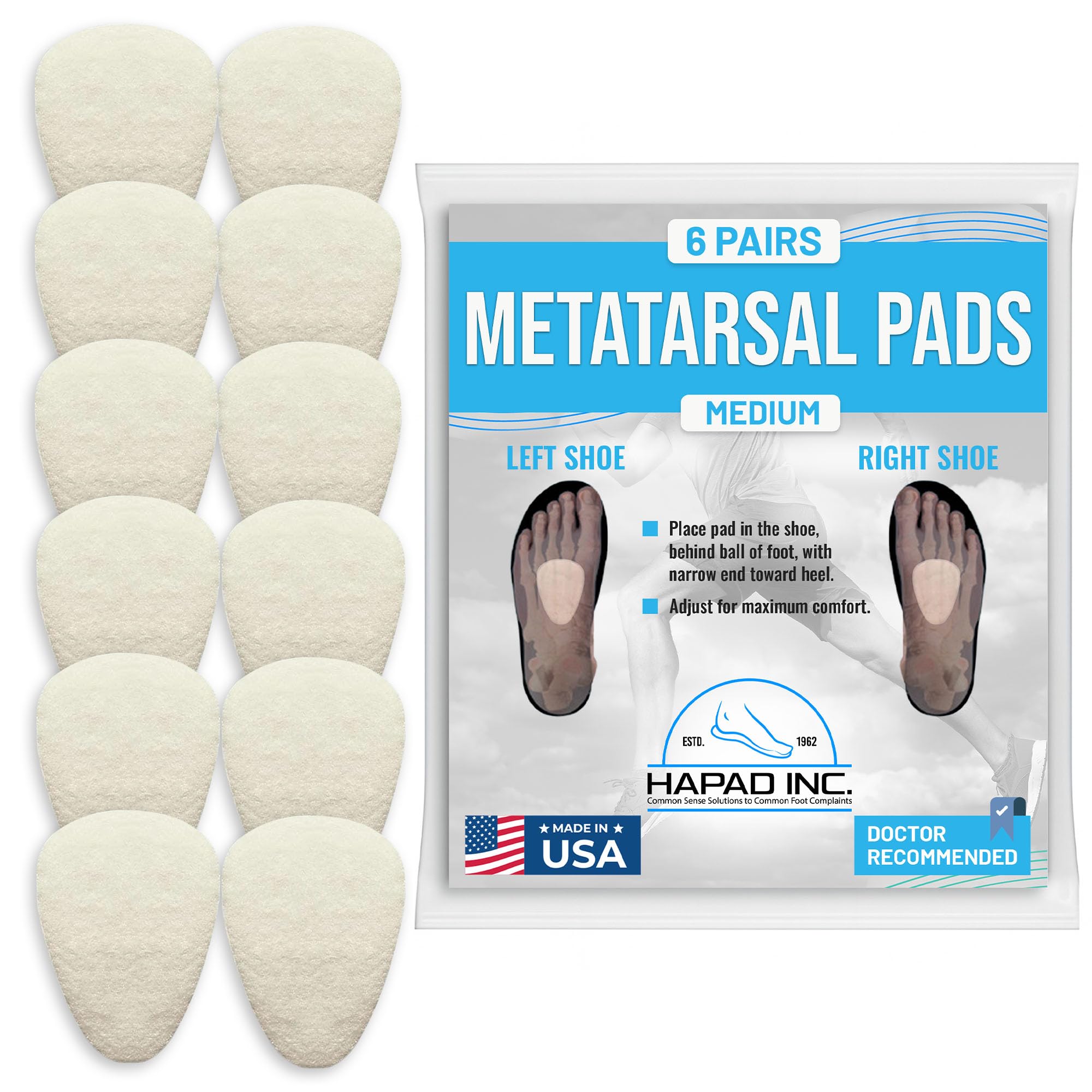 Metatarsal Pads for Women & Men - Medium (Pack of 6) - Reusable Forefoot Pads - Self-Adhesive Shoe Inserts for Mortons Neuroma, Metatarsalgia, Ball of Foot Pain