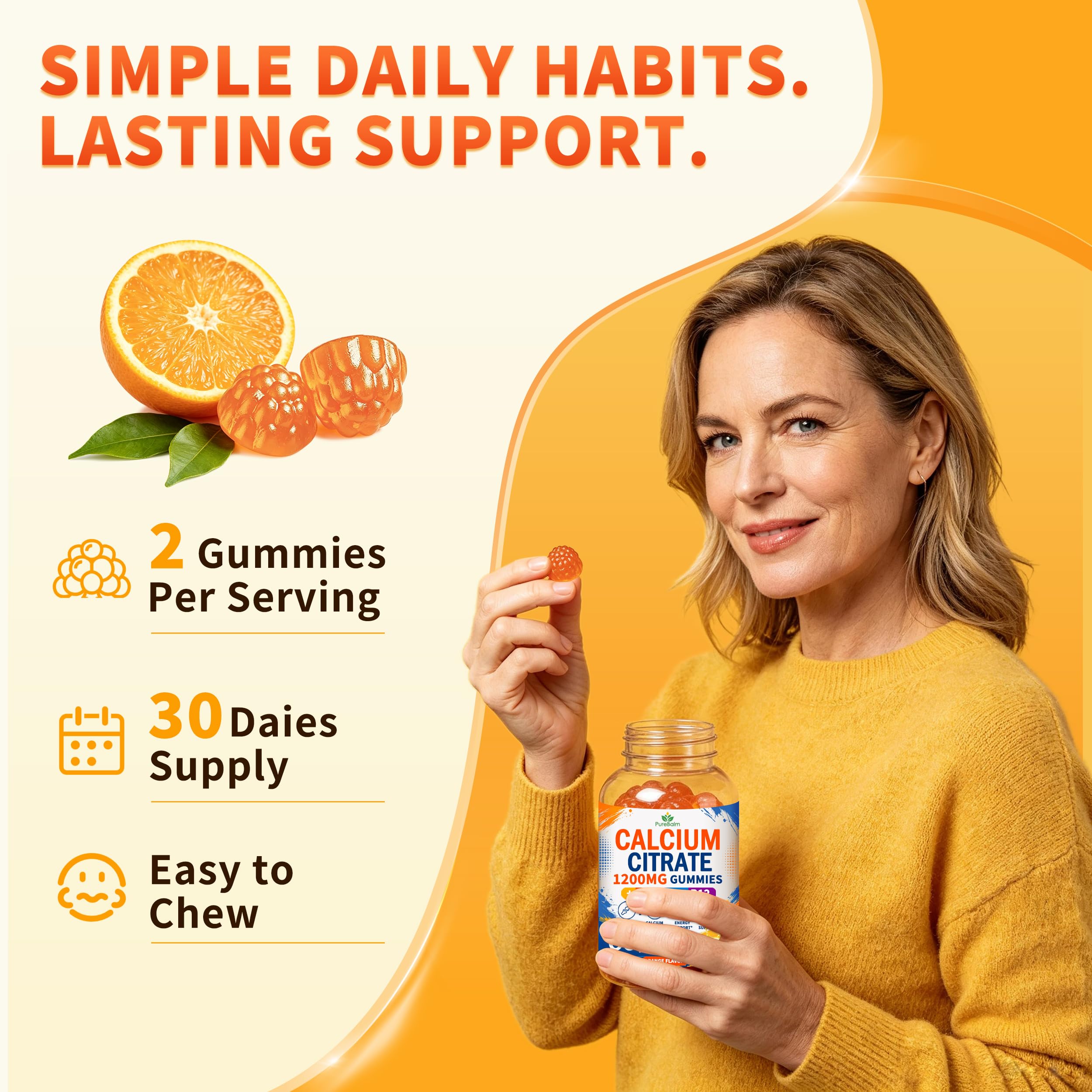 2 Pack - Calcium Citrate 1200mg Gummies with Vitamin D3, K2 & B12 for Women & Men – Highly Absorbable Calcium Supplements for Bone, Teeth, Energy & Immune Support – Sugar Free, Vegan, Orange Flavor — Amazon image 8