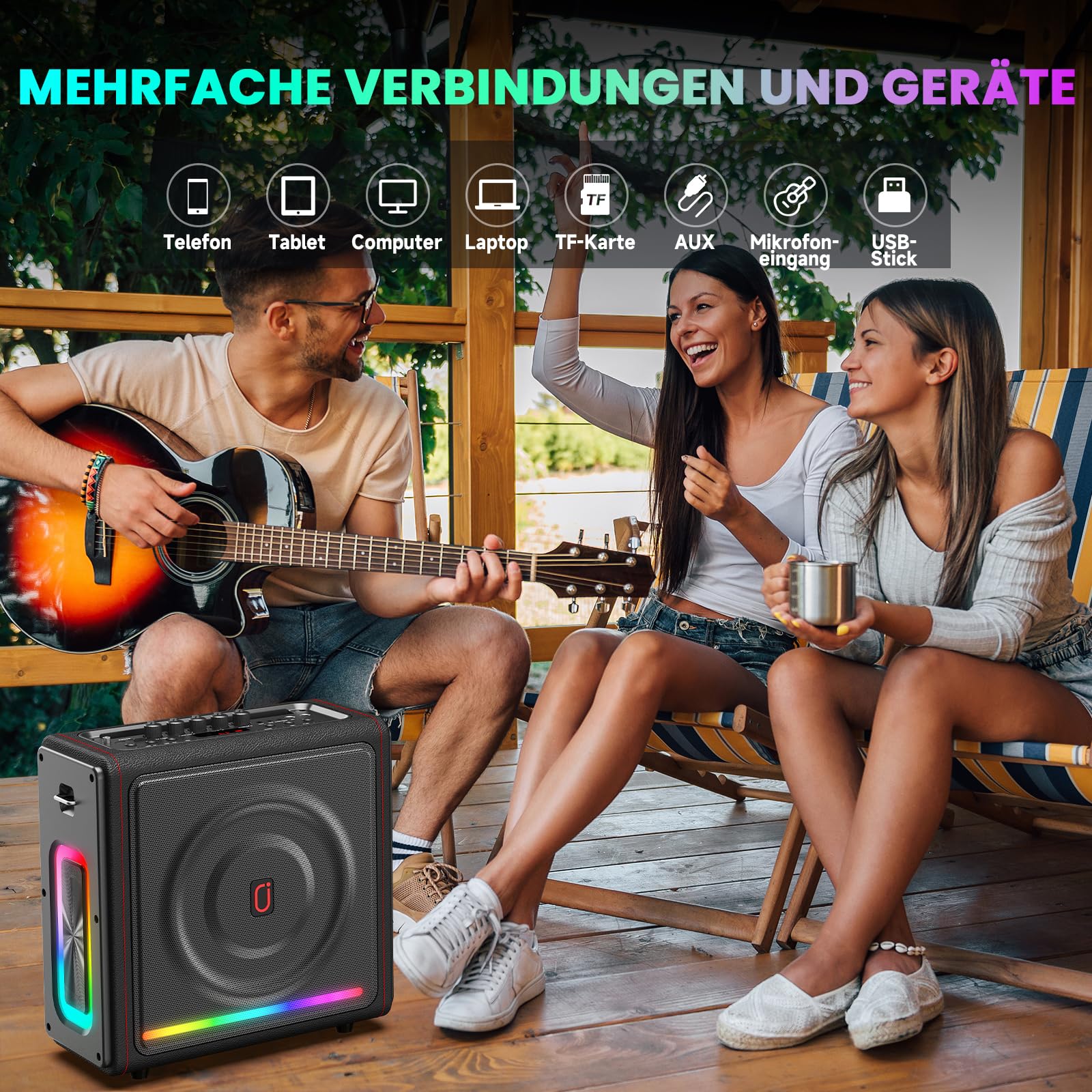 HWWR Karaoke Maschine mit 2 Mikrofone Tragbarer Bluetooth Lautsprecher mit Lichteffekte für Erwachsene/Kinder, Unterstützt TF/USB, FM, Rec, AUX in, TWS für Party