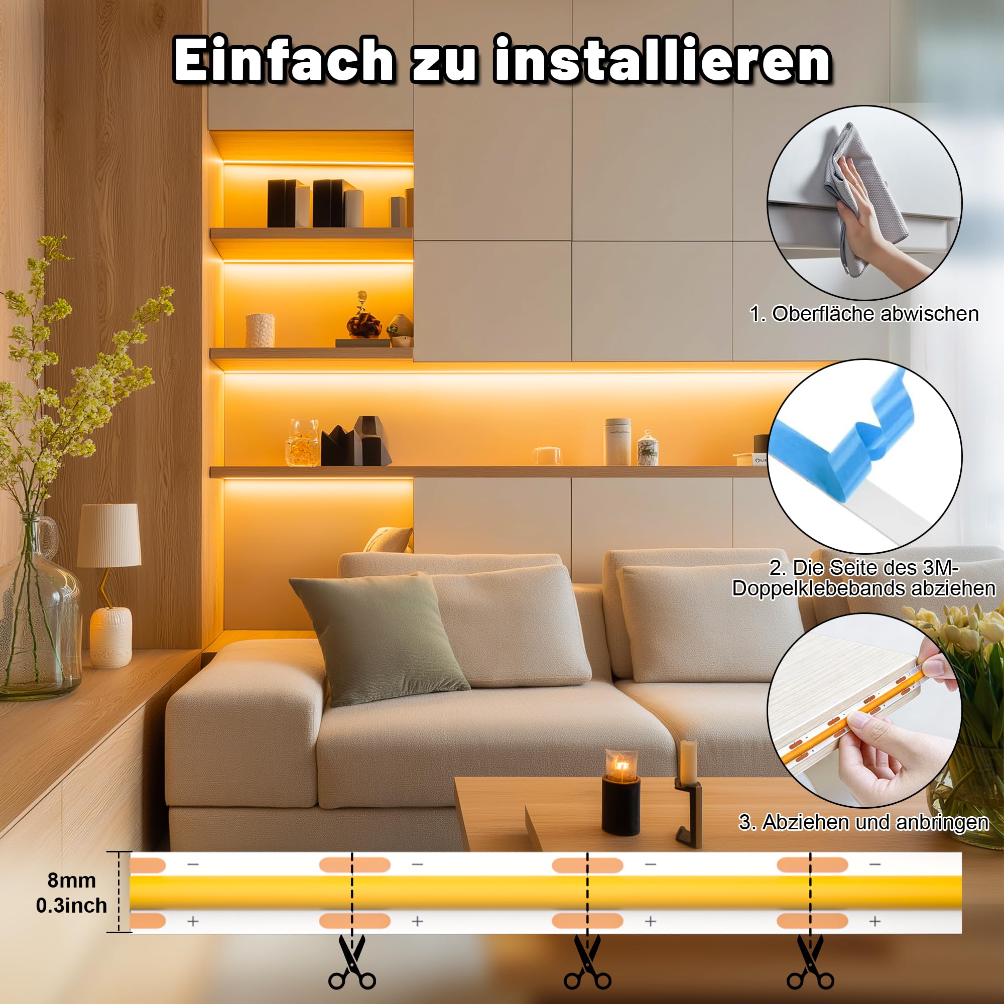 Cozylady COB LED-Streifen, LED-Lichtband 3000K-6000K, 5V-24V dimmbare LED-Leiste, mit Fernbedienung und Stromversorgung, geeignet für die Innendekoration zu Hause, Küche, Spiegel. (Wärmeweiß, 5m)