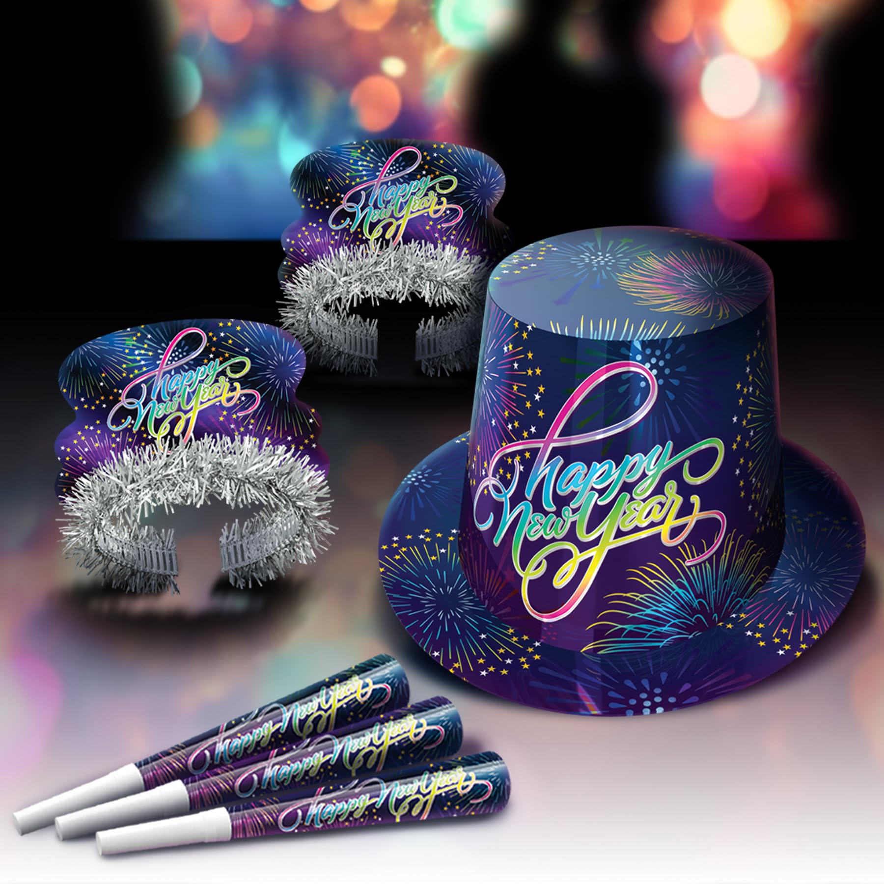 Beistle Silvester-Sortiment, Party-Set, Hi-Hats, 25 Fransen-Tiaras und 50 bedruckte 22,9 cm Hörner mit Feuerwerk-Design, NYE Supplies und Gastgeschenke, Einheitsgröße, blau/mehrfarbig