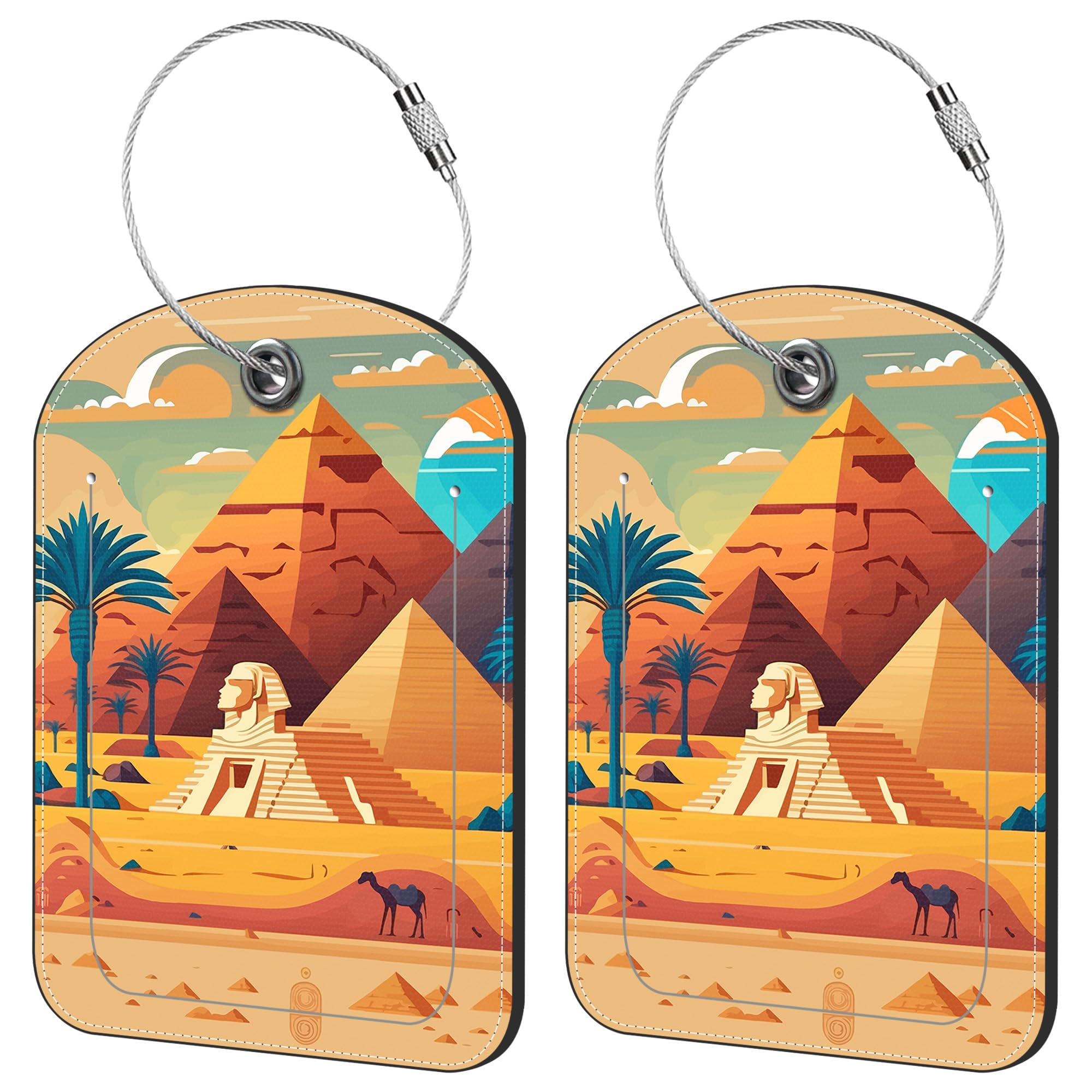Paquete de 2 bonitas etiquetas de equipaje para maletas, pirámide de Egipto, etiquetas de equipaje de cuero con bucle de acero inoxidable, etiquetas de nombre con solapa de privacidad,