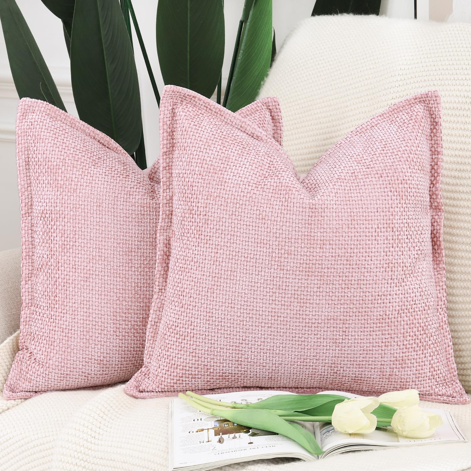 Madizz 2er Set Chenille Samt mit Rand Kissenbezüge Weiche Dekorativ Zierkissenbezüge Modern Kissenhülle für Sofa Wohnzimmer Schlafzimmer Rosa 60x60 cm