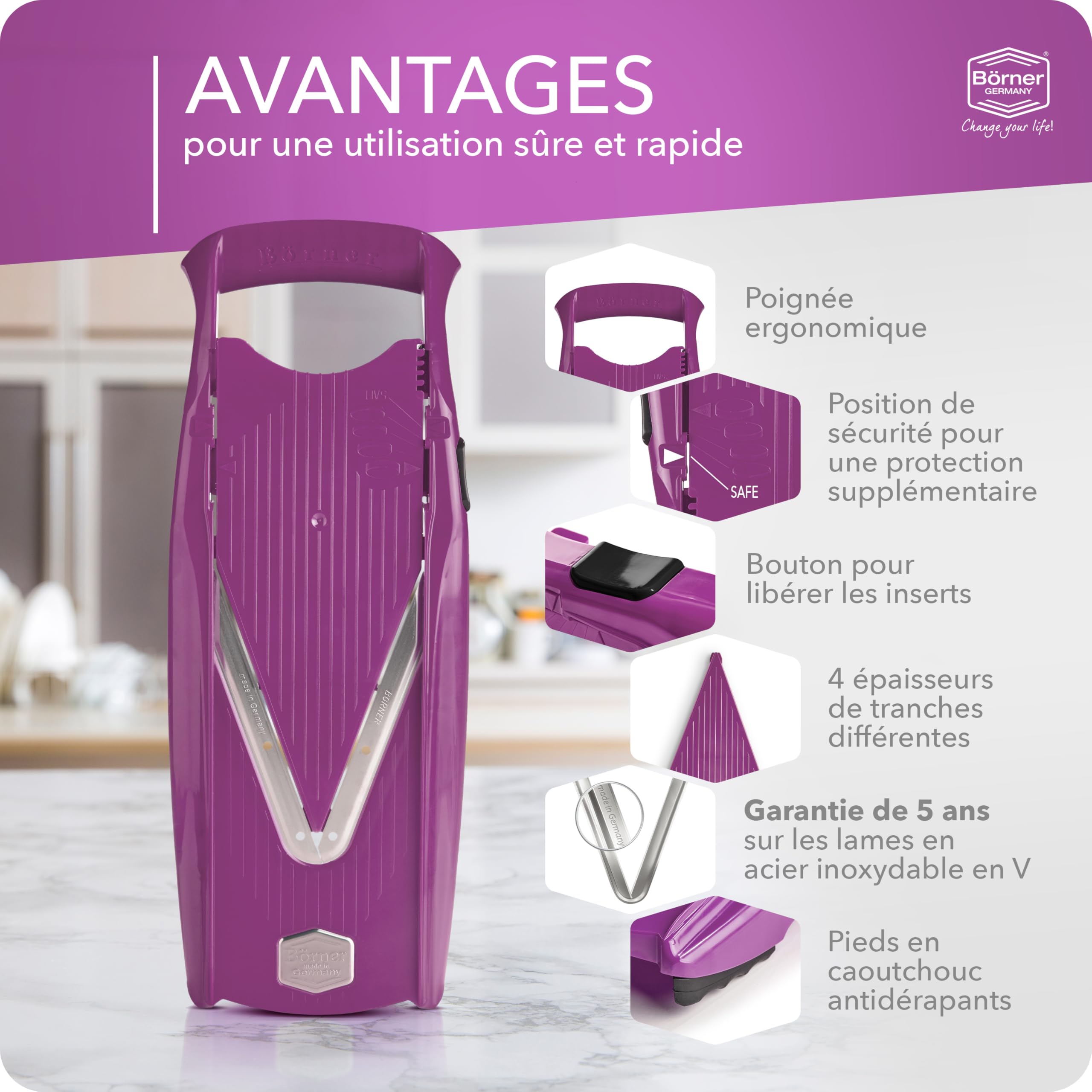 Coupe-Légumes Börner V5 (Set de Base) • Mandoline en V pour tranches de 4 épaisseurs • Trancheuse avec lame en acier inoxydable • Mandoline réglable pour fruits & légumes • Violet