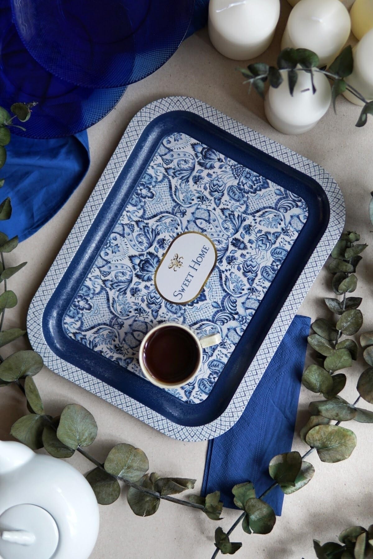 EVLE-Azulejos Desenli Metal Tepsi - Çay Kahve Tepsisi - Sunum Tepsisi 23 Cm X 31 Cm (Azulejos Sweet Home)