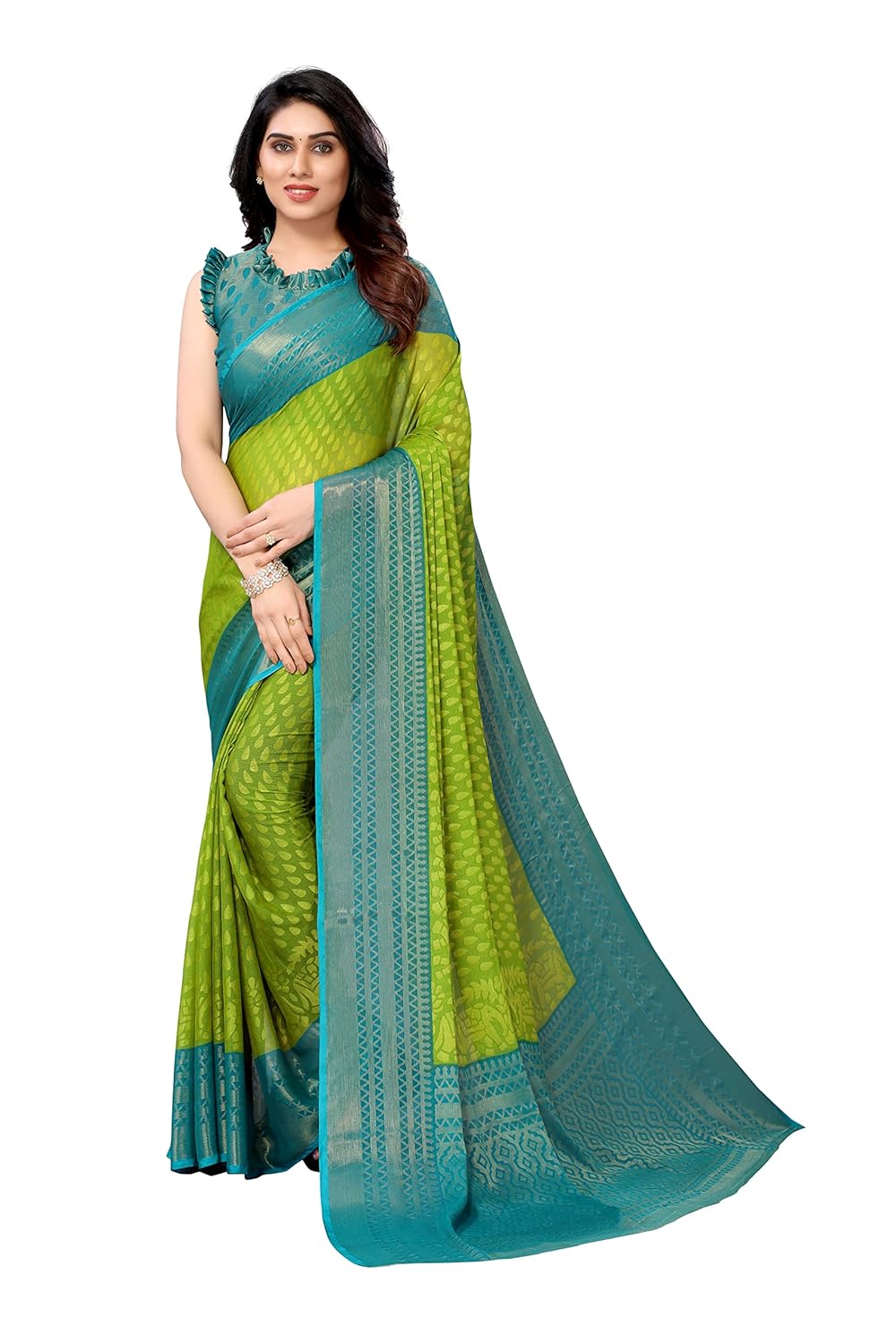 Bee M Pee Designer Zari (Printed Chiffon Sarees for Women_Mehendi Green) Bee M Pee Designer Zari (Printed Chiffon Sarees for Women_Mehendi Green)