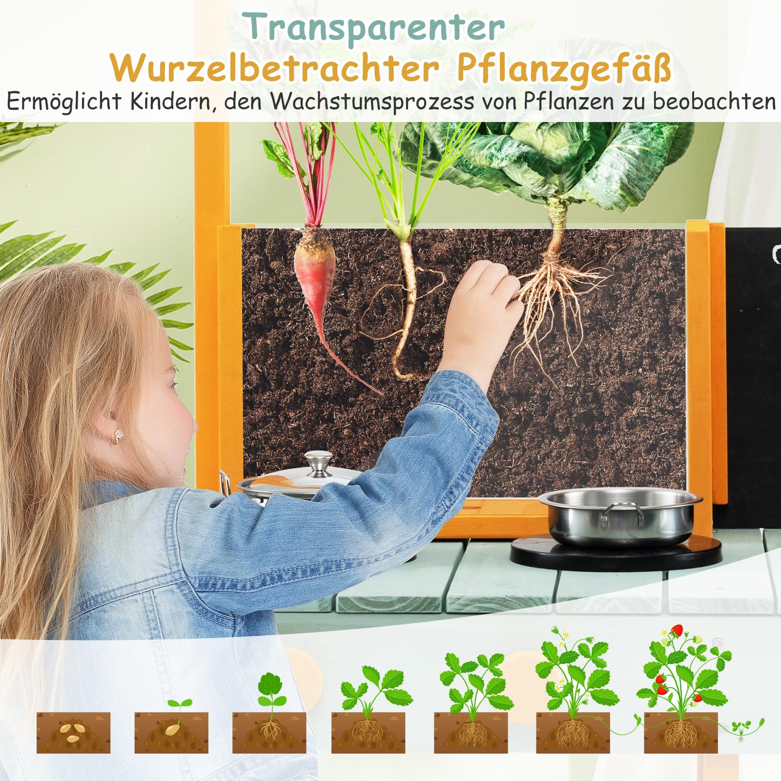 COSTWAY Matschküche Kinder Outdoor, Kinderküche Tannenholz mit Pflanzbehälter & 2 Kreidetafeln & Wasserhahn & Waschbecken, Spielküche Outdoorküche für Kinder ab 3 Jahren, Inkl. 8 Zubehör (Grün)