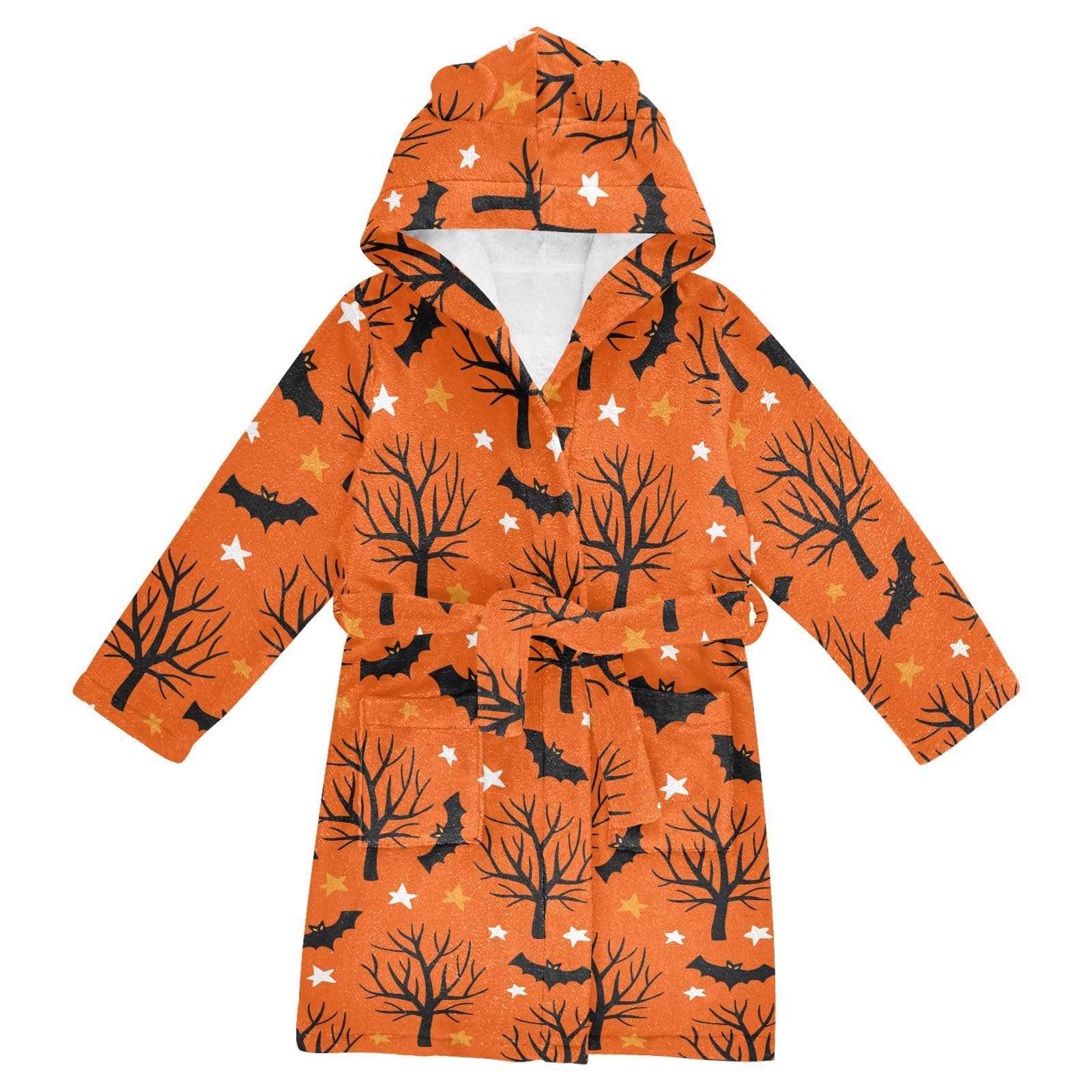 WIFIU Toddler Baby Hooded Bathrobe for Boys Girls Trees Bats Stars Printed, Soft Plush Bath Towel Robe with 2 Pockets Halloween for 7-9 Years