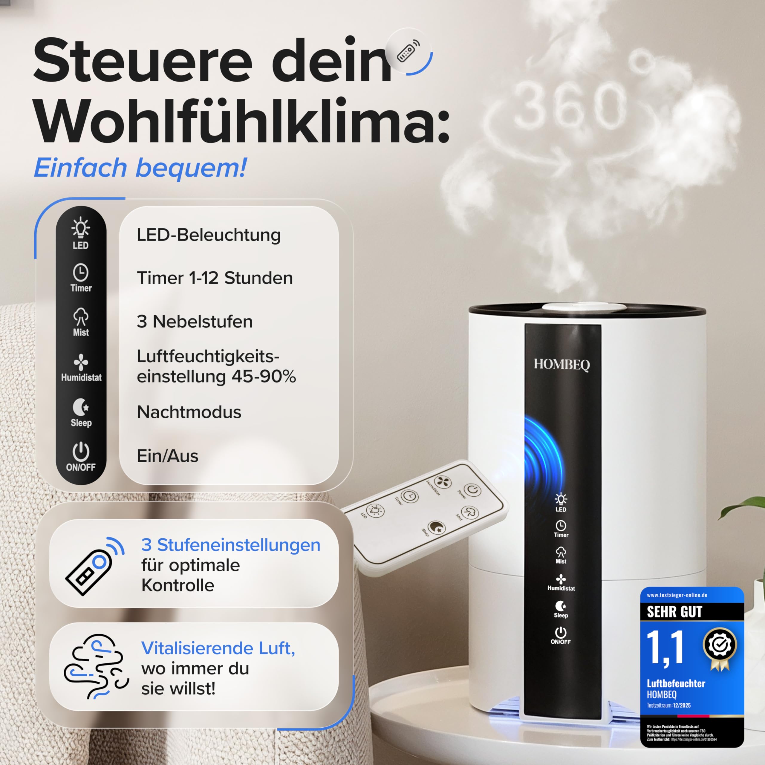 Luftbefeuchter Schlafzimmer 4,2L mit Feuchtigkeitssensor & Auto-Modus, Top-Fill Humidifier mit Aroma Diffuser, 360° Doppeldüse, Sleep-Modus & Timer, Raumbefeuchter für Wohnzimmer & Pflanzen