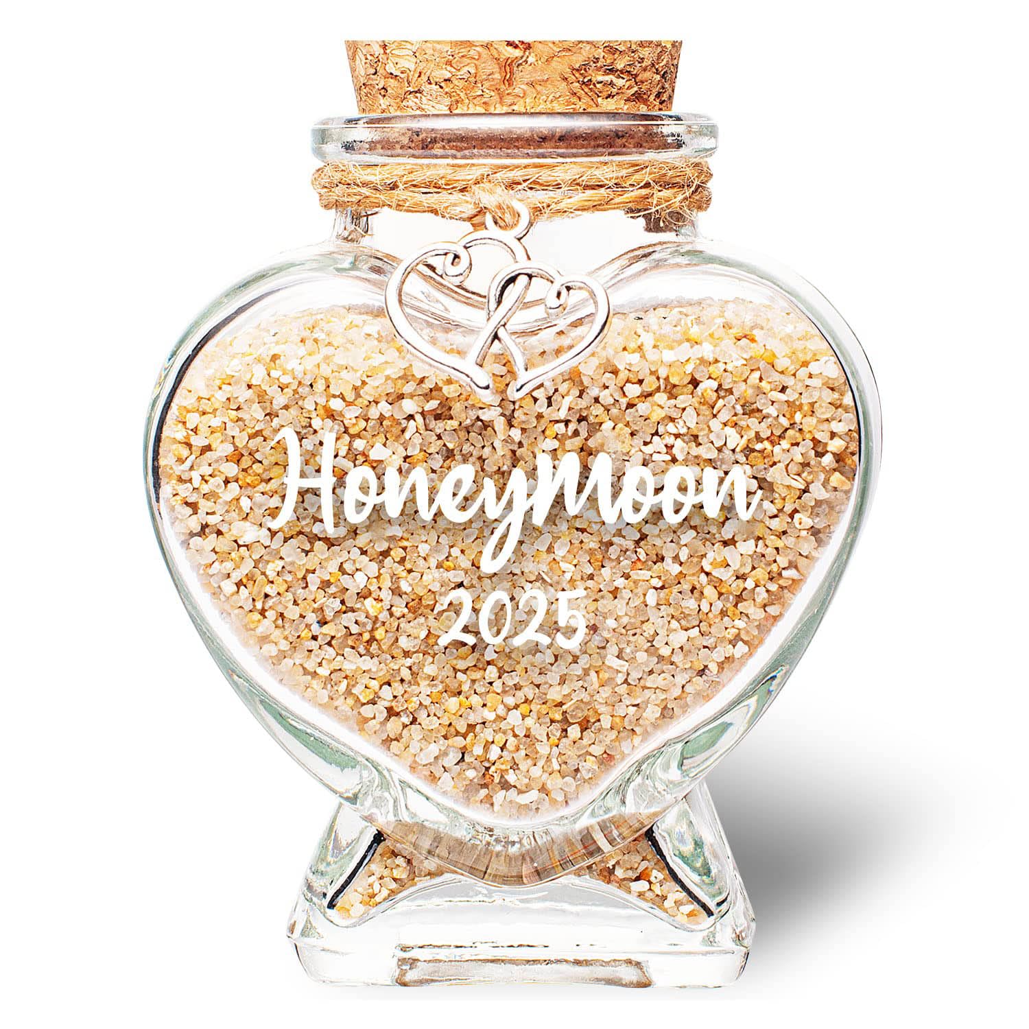 Honeymoon Sand Keepsake Jar 2025, Bridal Shower Gift, Wedding Gift, Engagement Gift, Honeymoon Gift, Travel Gift for Couples, Newlywed, Fiance(Gift Box Includes) - 40ml Glass White Heart Shape Metal