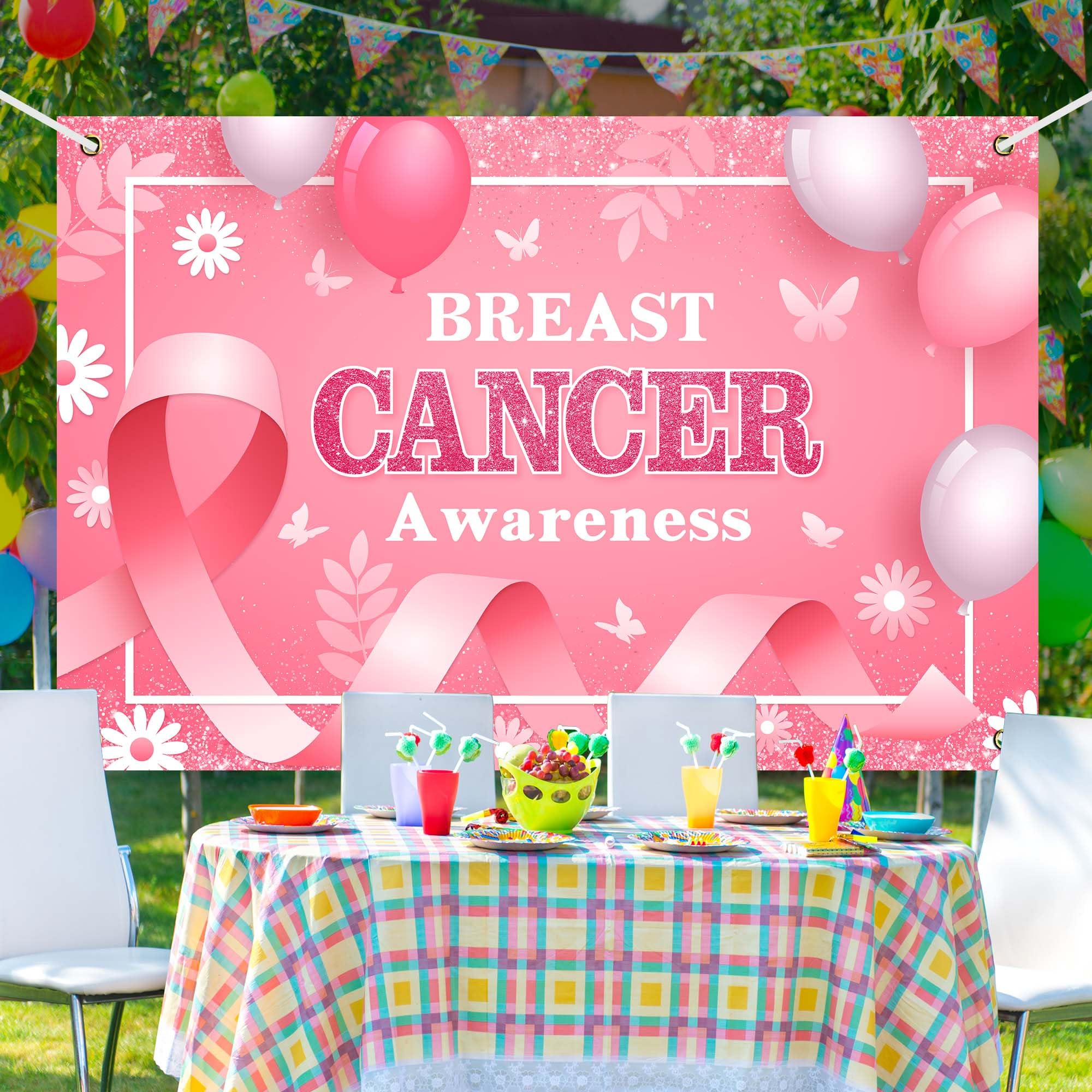Pancarta De Concienciación Sobre El Cáncer De Mama 146x100cm | Lazo Rosa Grande, Poliéster 100D, Para Eventos Benéficos Y Fotos