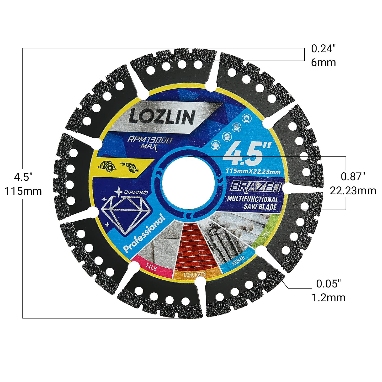 LOZLIN Confezione da 5 lame diamantate multiuso da 11,4 cm, dischi per smerigliatrice angolare per taglio marmo/quarzo/pietra/piastrelle/metallo/plastica (denti neri, 5)