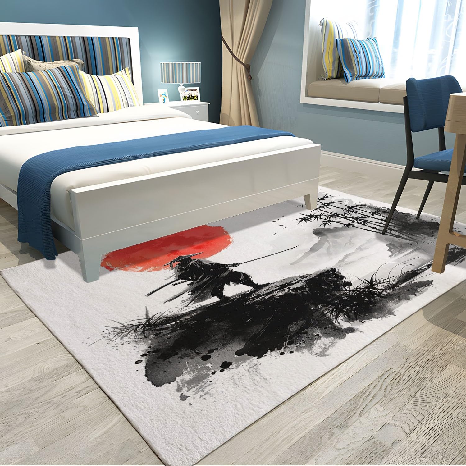 Alfombra antideslizante para sala de estar, 80 x 150 cm, estilo japonés, pintura a tinta, alfombra samurái de sol rojo, alfombra rectangular lavable a máquina, alfombras suaves de pelo bajo para