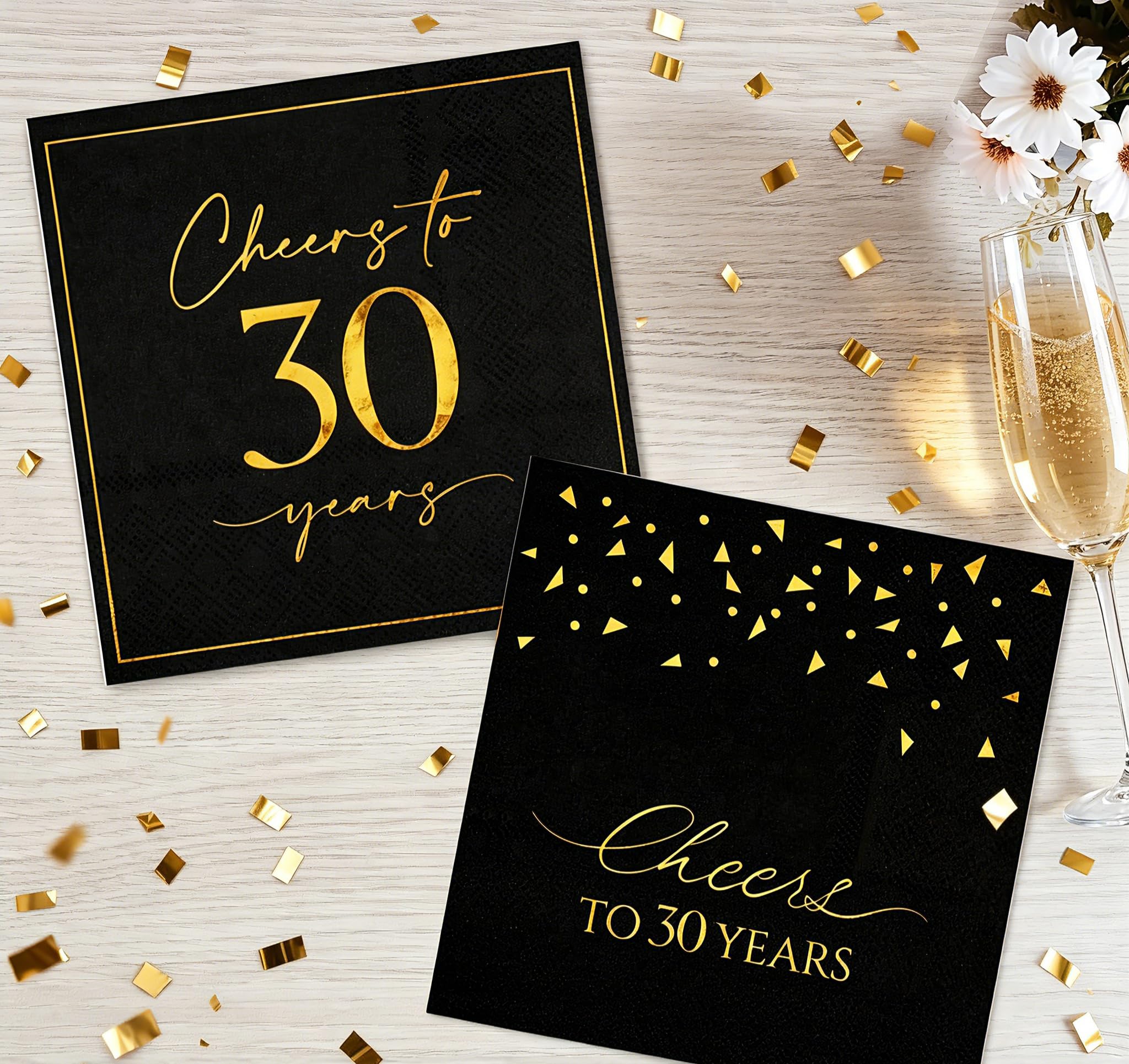 Photo 1 of 50 Pack Cheers to 30 Years Cocktail Napkins - Black and Gold 30th Birthday Party Napkins, 5x5 Inch 2 Designs Beverage Napkins for Anniversary & Milestone Celebrations