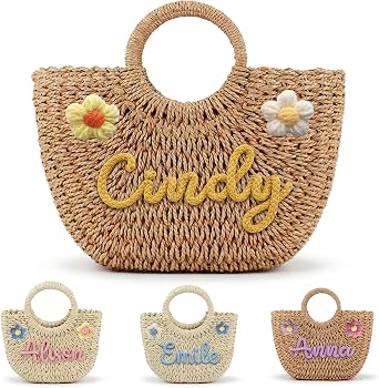 Personalized Straw Beach Bag Custom Summer Woven Handbag with Name & Flower Gift for Women Girls Bridesmaid Mother