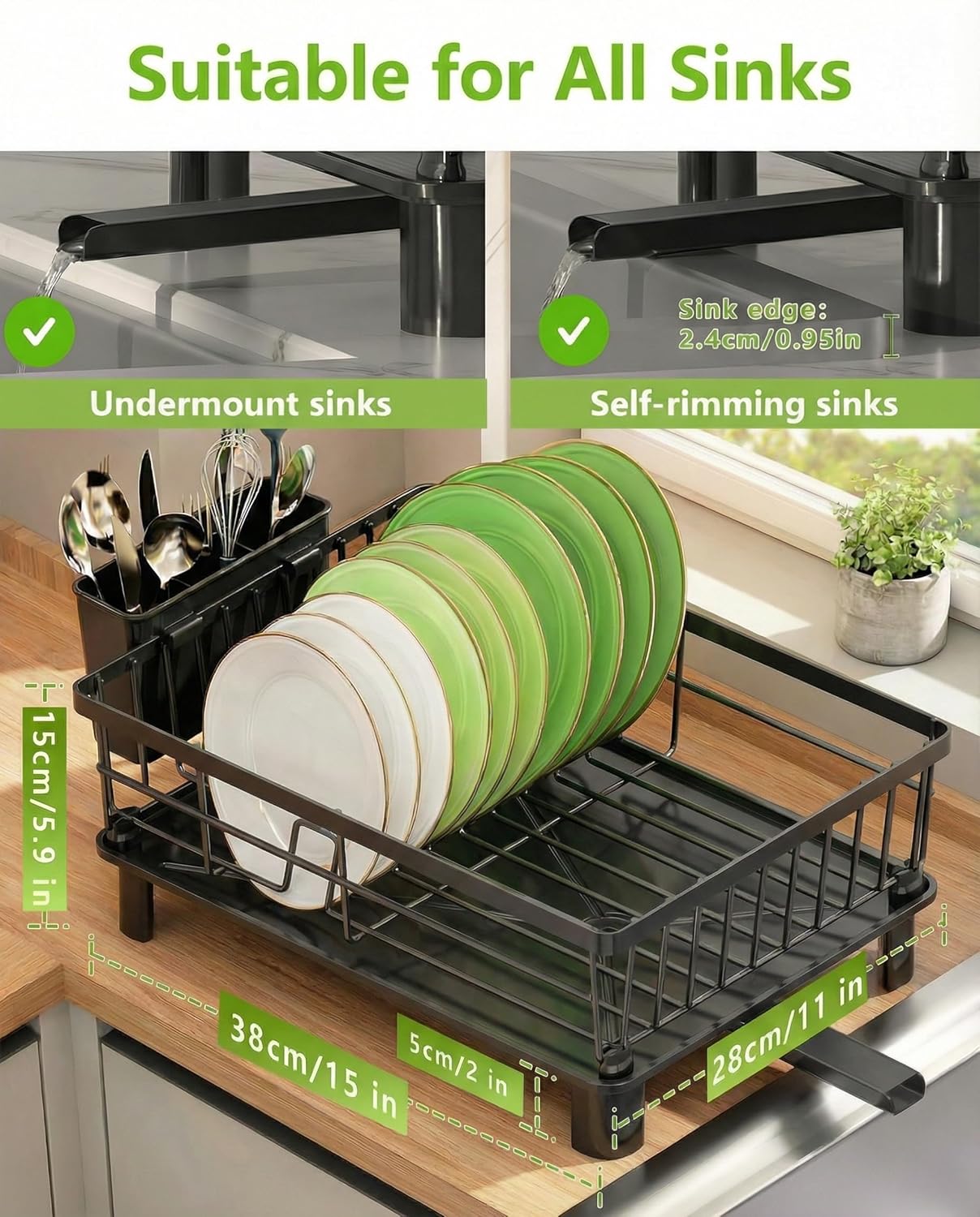 Dish Drying Rack for Kitchen Counter,Stainless Steel Drainers Rack with Detachable Cutlery Holder,Automatic Drainage System,Anti-Rust Dish Strainer Ideal for Families and Home