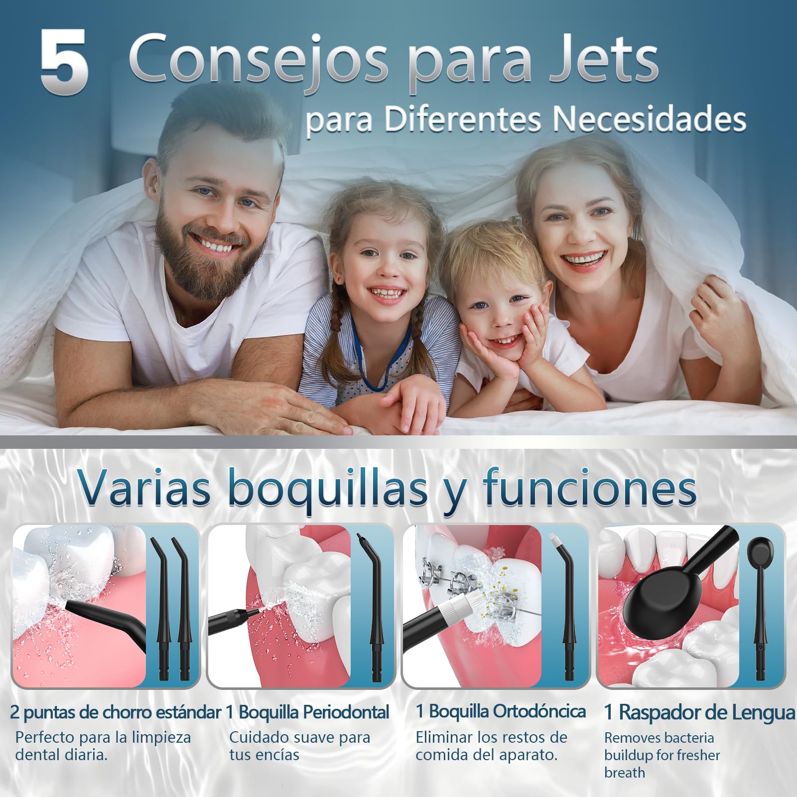 Irrigador Dental Portátil, 300ML Irrigador Dental Profesional con 5 Boquillas y 4 Modos, Tecnología DIY de Autoajuste, Irrigador Bucal Inalámbrico para Viajes y Hogar, Impermeable IPX7 — view 4
