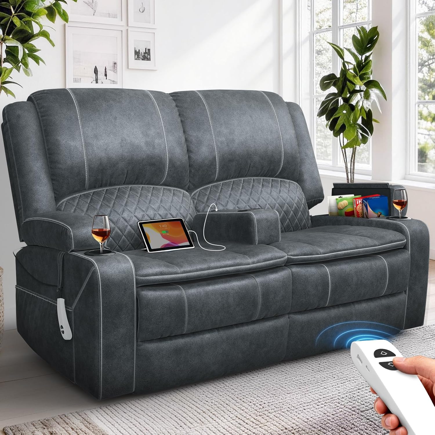 Yolsali Power Reclining Loveseat with Remote Control, Zero Wall Hugger RV Loveseat Recliner Sofa for Living Room with Removable Armrest, 2-Tier Cushions, Hidden Storage & USB Ports, Dutch Velvet Gray