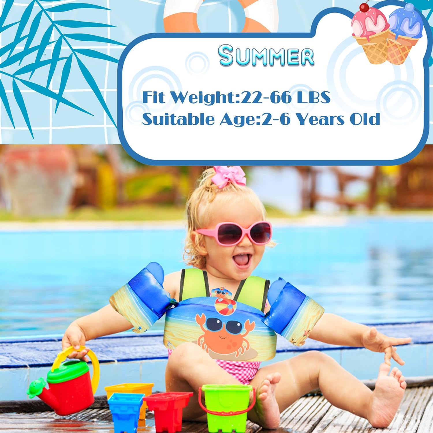 Elejolie Toddler Swim Vest for Child Learn Swiming Training,Infant Safety Swimmies Aid Jacket for Kids 2 3 4 5 6 Years Old,Arm Water Wings for Baby 22-66lbs