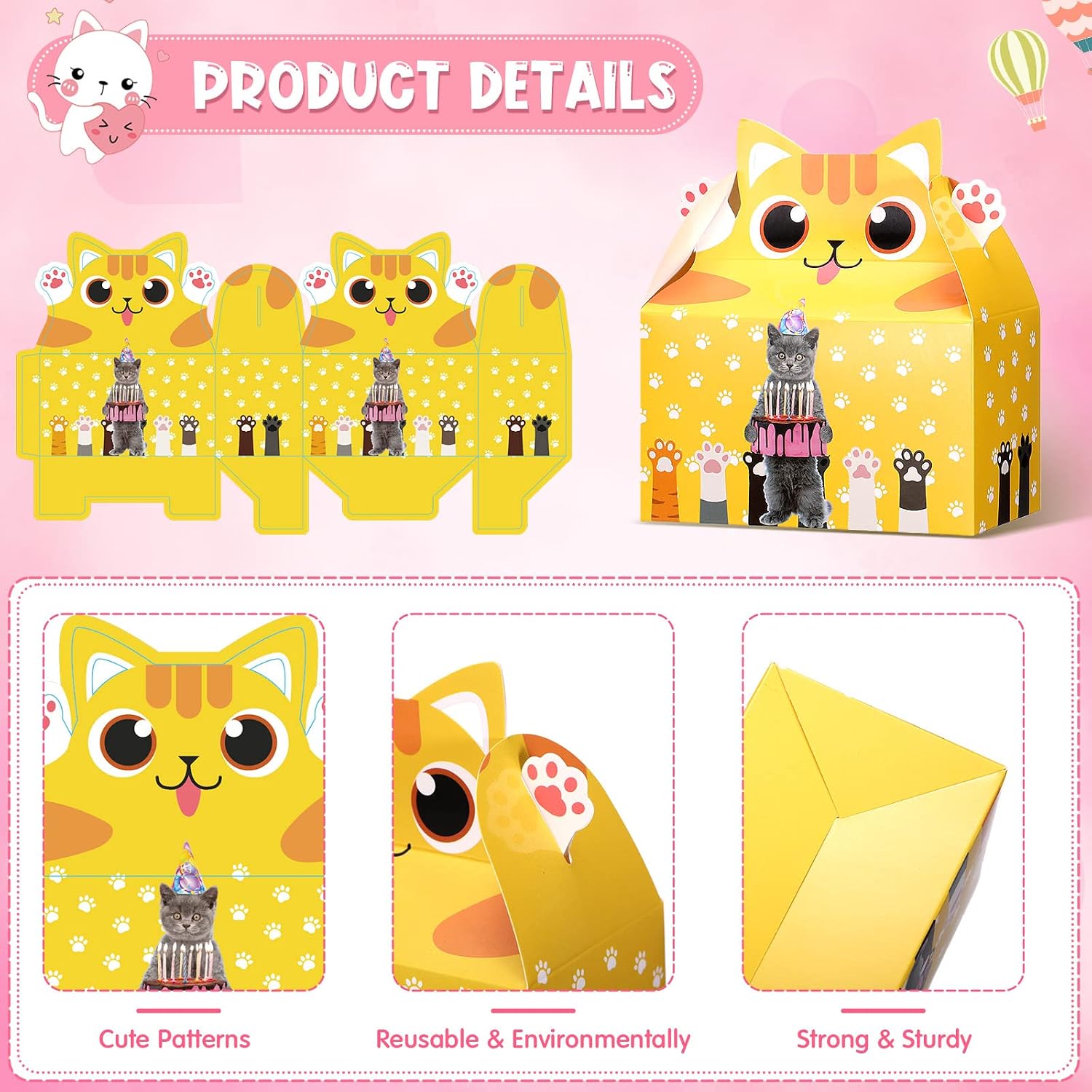 Nezyo 24 Pieces Cat Party Favor Boxes Kitten Theme Goodie Boxes Cute Candy Bags for Kids Birthday Supplies Decorations Adopt a Cat Party Favors, 8 Styles image 3