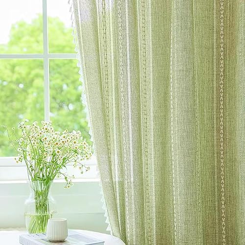 Deeprove Green Boho Curtains 63 Inches Length for Bedroom Cafe Kitchen Closet, Bohemian Chic Textured Embroidery, Vintage Handmade Tassels Christmas Decor Drape, Rod Pocket, 1 Panel W52 x L63