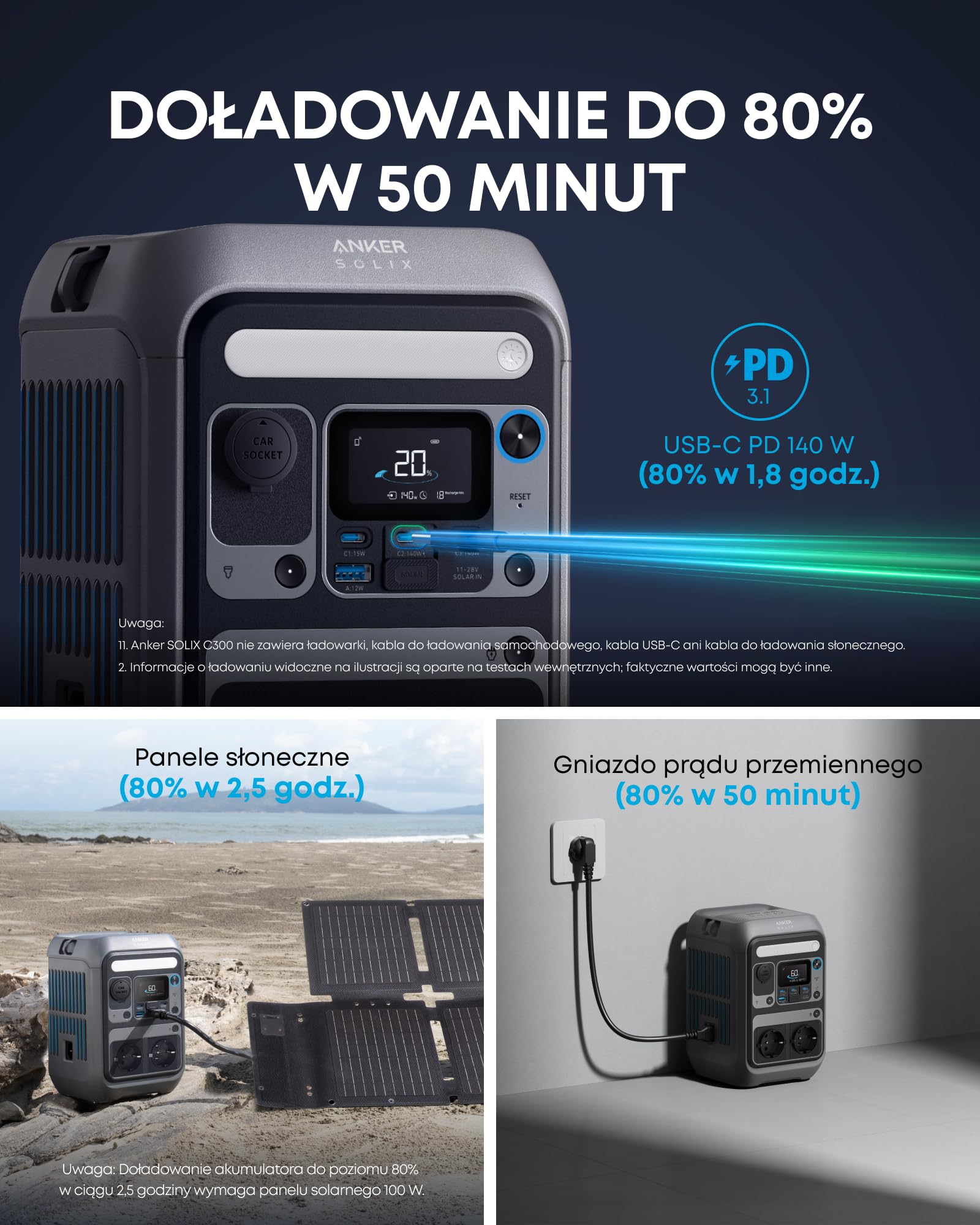 Anker SOLIX C300 Portable Power Station, Akumulator LiFePO4 288 Wh na zewnątrz, Generator słon. 300 W (600 W szczyt.), Szybkie ładow. dwukier. 140 W, na kemping, zasilanie awaryjne (panel słoneczny)