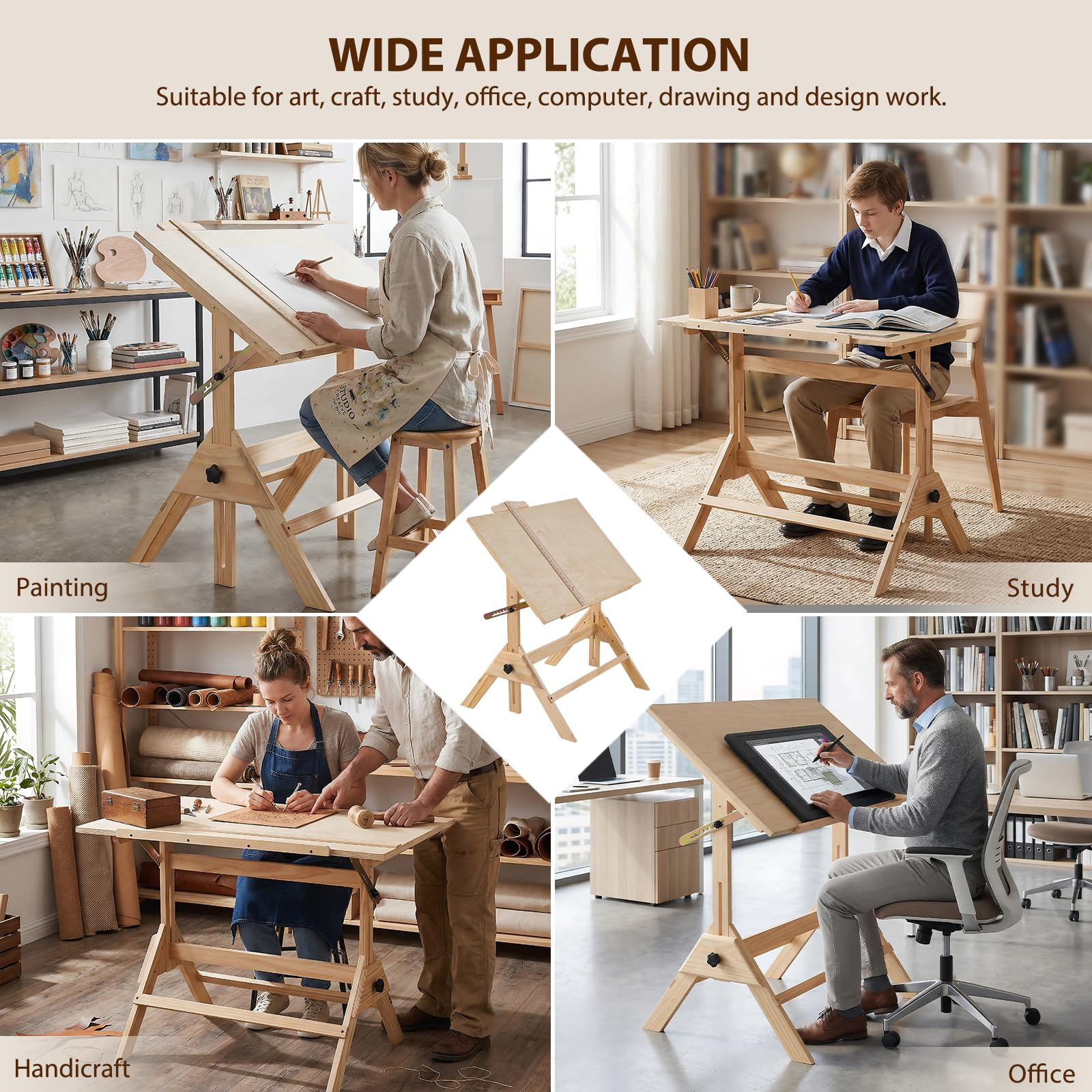 Table de dessin en bois massif, 60 x 90 cm, inclinable et réglable en hauteur, poste de travail pour studio d'art, peinture et écriture multifonction pour graphisme, architecte et artiste (#01)
