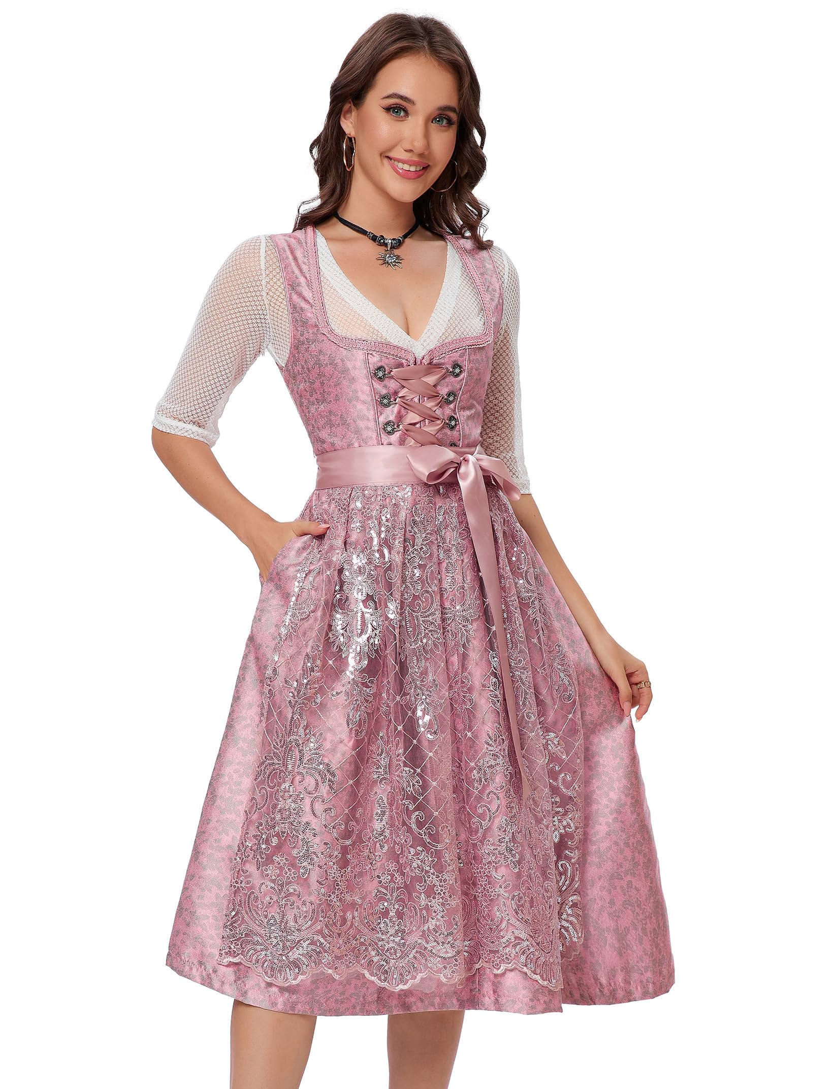 YesFashion Dirndl Damen für Oktoberfest Rosa Mittellängiges Trachtenkleid 3 Tücher