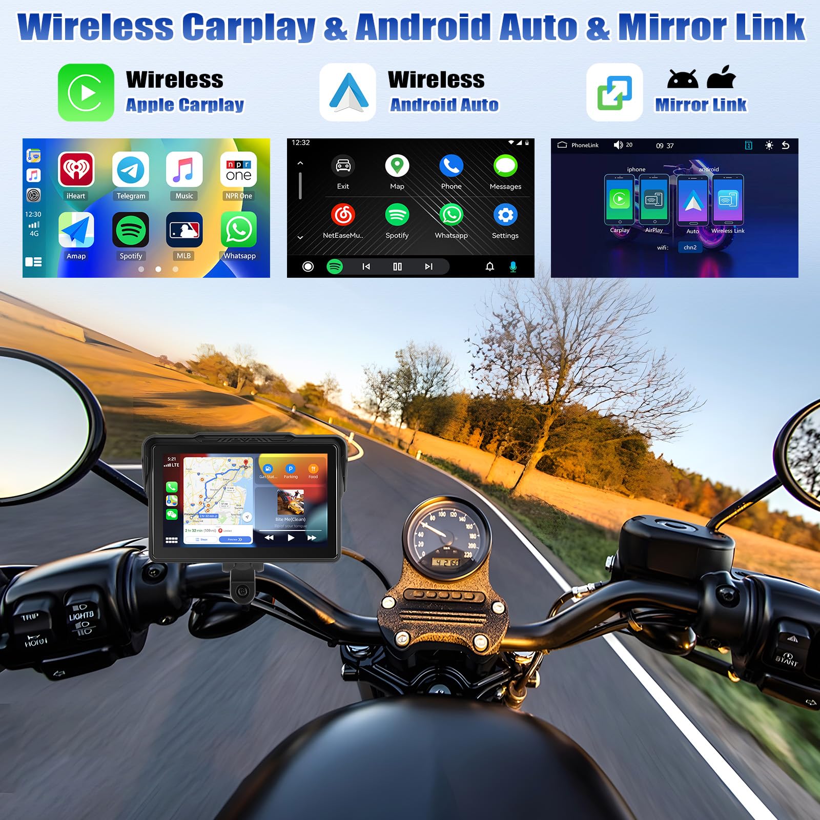 [2026] CAMECHO Senza Fili Carplay per Moto, 7 Pollici HD Schermo IP67 Impermeabile Navigatore con Touchscreen, Android Auto Bluetooth Airplay Android Cast, Supporto Siri/G-oogle Assistant